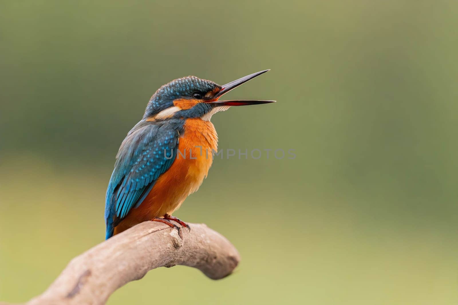 A stunning kingfisher sits on a branch, its beak open. Vibrant colors and sharp detail showcase the bird's beauty.