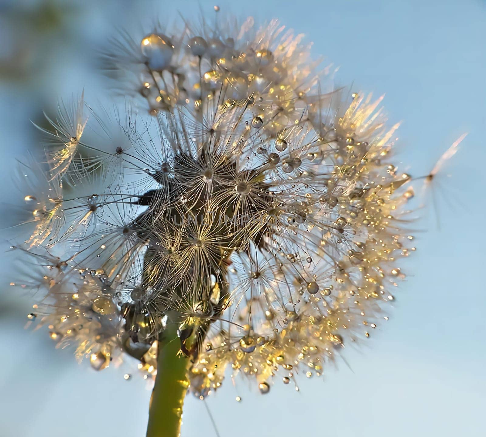 A stunning macro shot of a dandelion seed head, glistening with morning dew, bathed in soft sunlight.