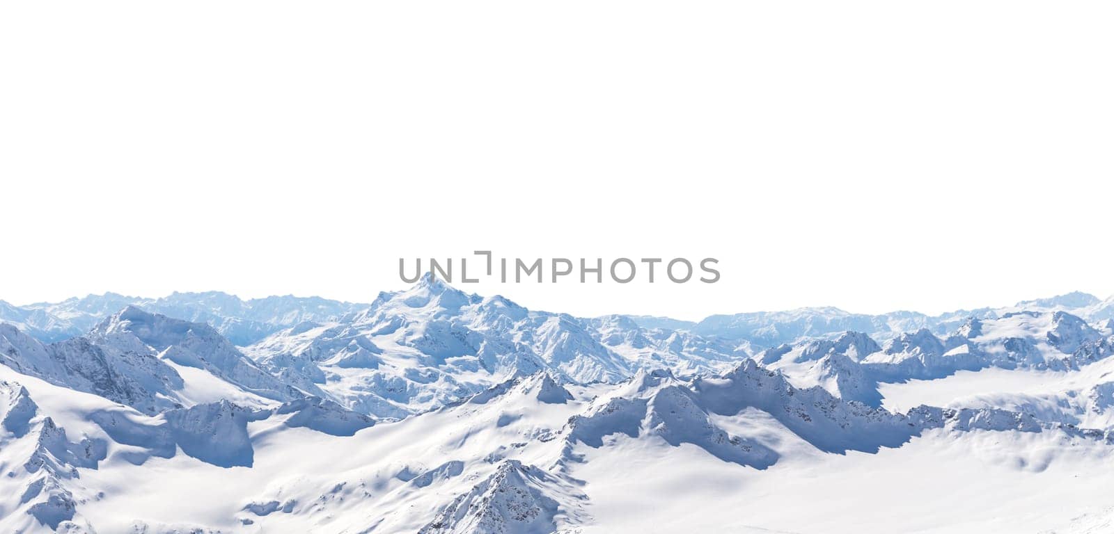 Panorama of winter mountains covered in snow isolated on white background. Mountain peaks in winter