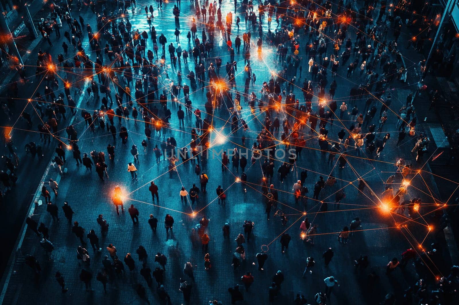 Top view of people connected by glowing lines. Concept of internet globalization.