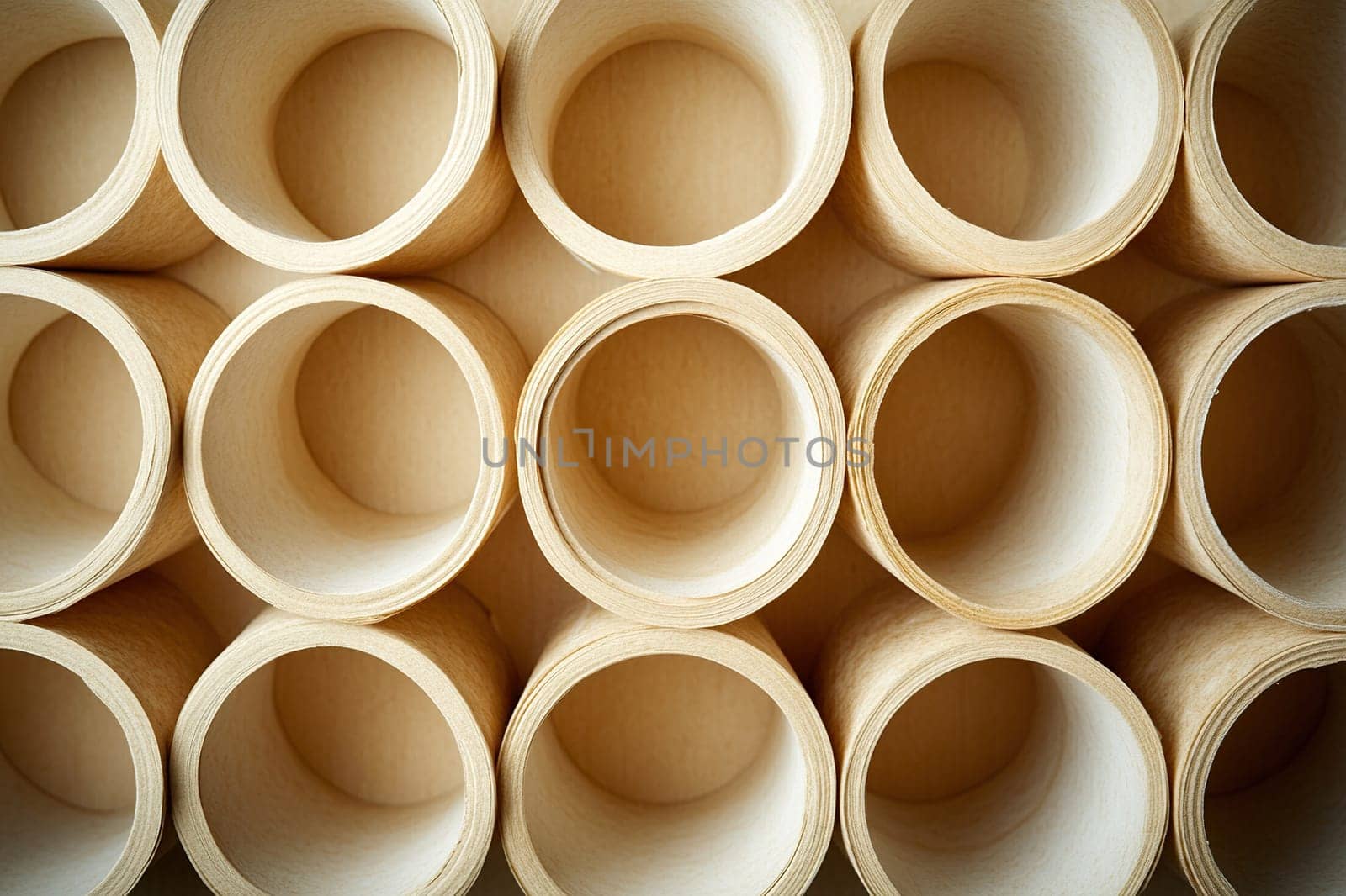 Many tubes rolled from paper stand on the table, top view, horizontal background