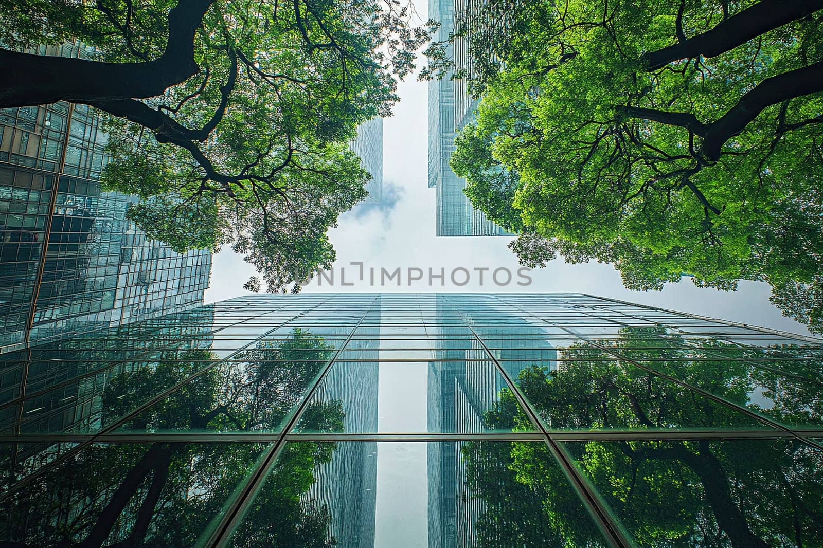 Mirrored skyscrapers reflect the greenery of the trees