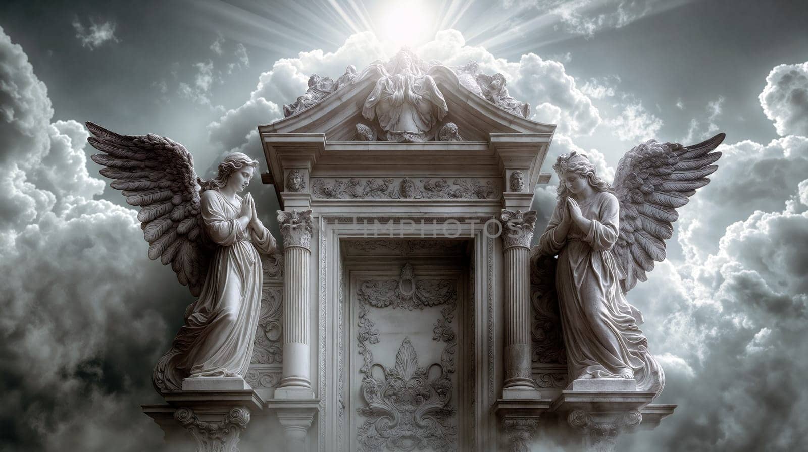 Two graceful angels stand on either side of a grand archway, with beams of light breaking through the clouds above, creating an awe-inspiring atmosphere - Generative AI