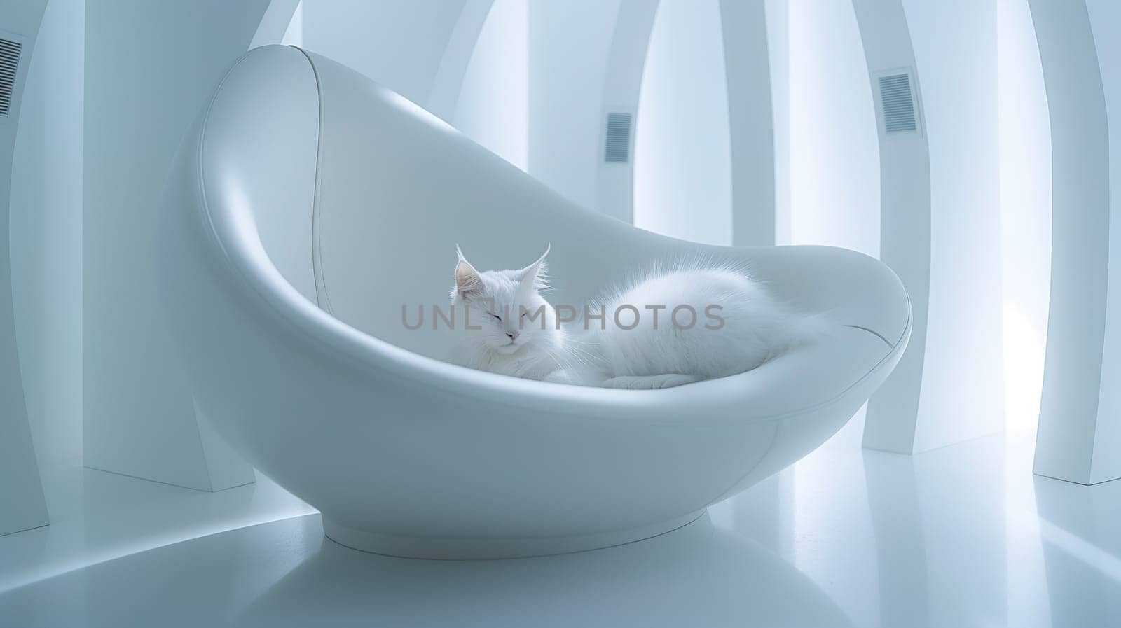 A fluffy white cat relaxes on a stylish, sculptural chair, capturing a peaceful moment in a contemporary space filled with soft, ambient light - Generative AI
