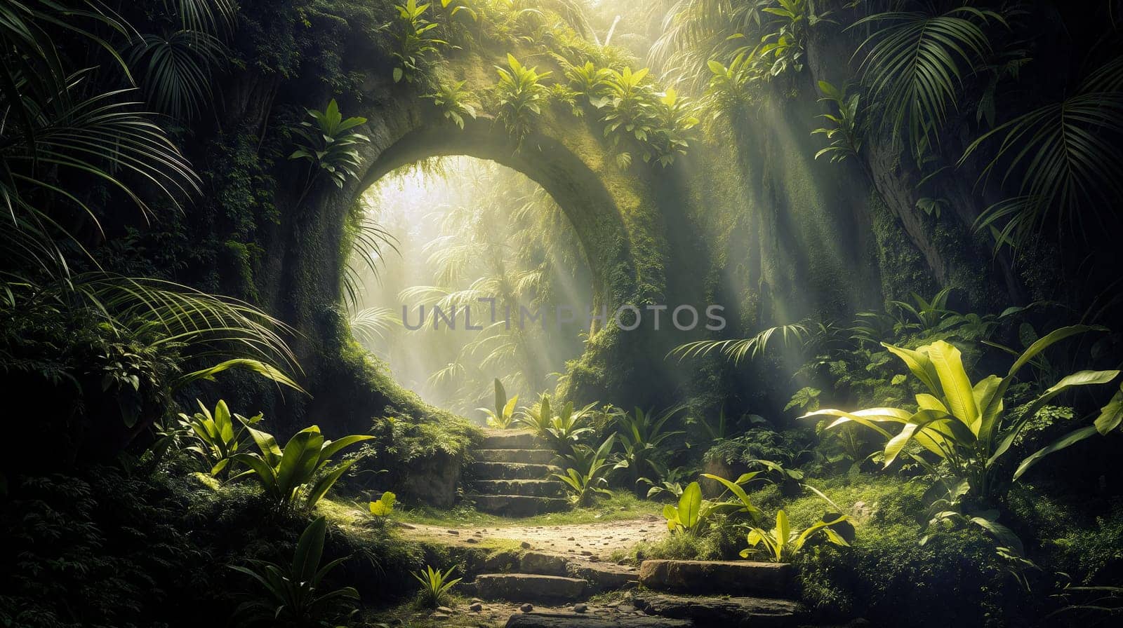 Sunlight streams through a circular stone opening in the jungle, illuminating dense tropical foliage and moss-covered stones, creating a serene, magical atmosphere - Generative AI