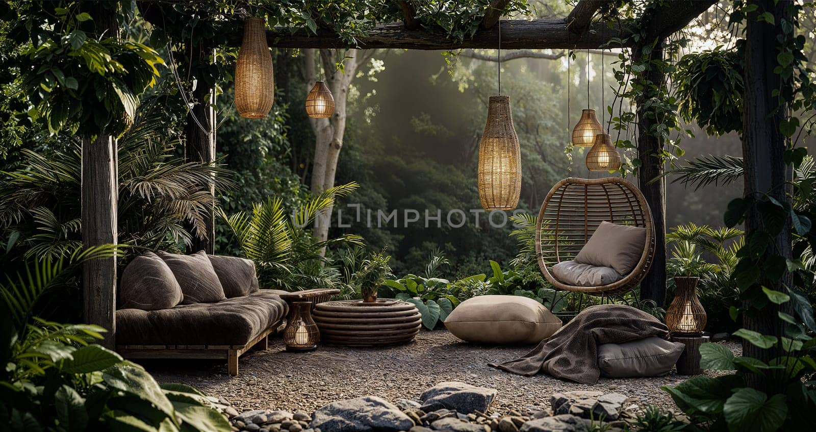A serene outdoor seating area features comfortable cushions and wicker lighting fixtures, nestled in lush foliage, creating a relaxing retreat in nature - Generative AI