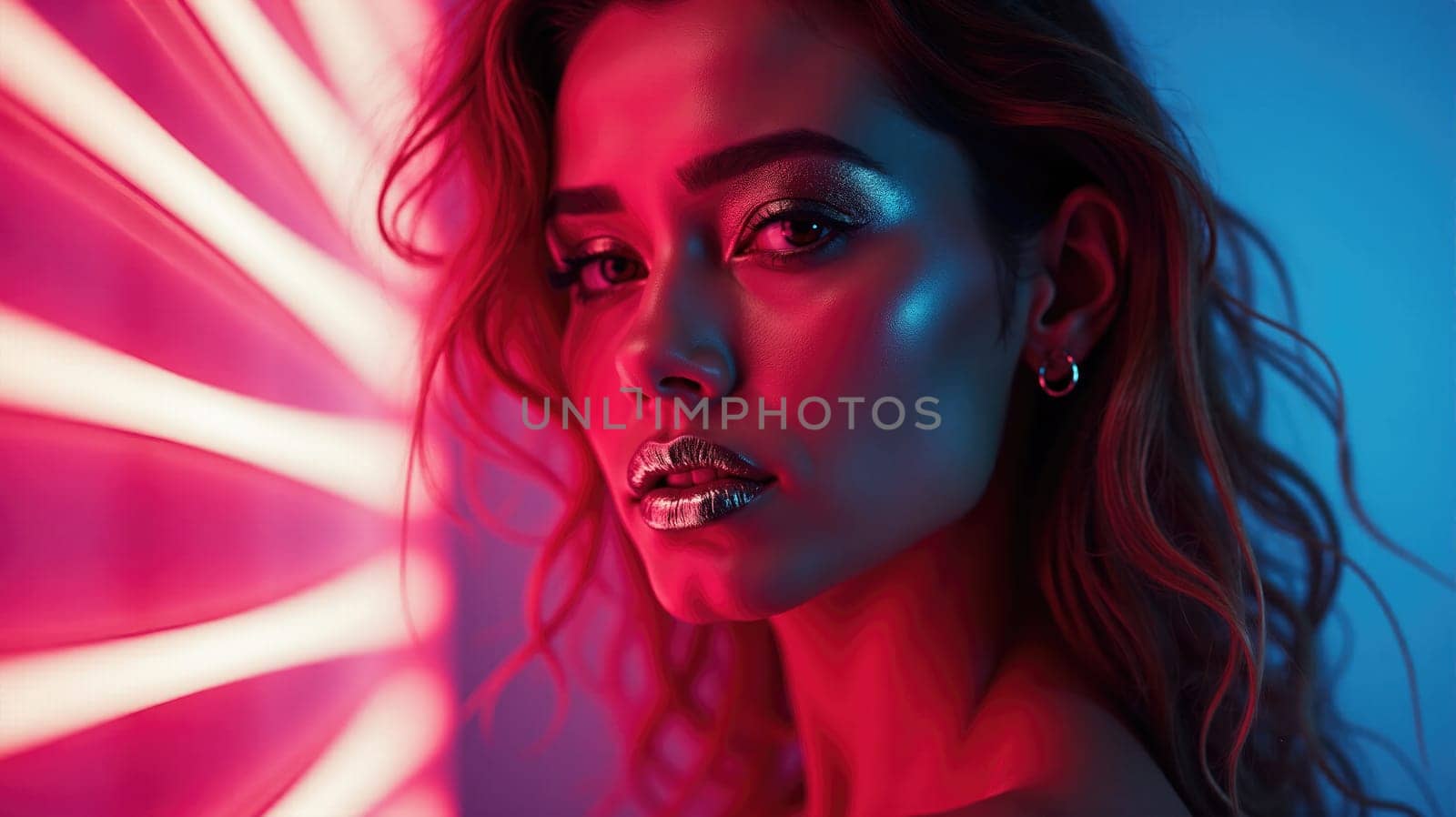 A woman poses confidently with curly hair illuminated by vivid pink and blue lights, creating a striking visual effect. Her glossy lips reflect the colorful ambiance.