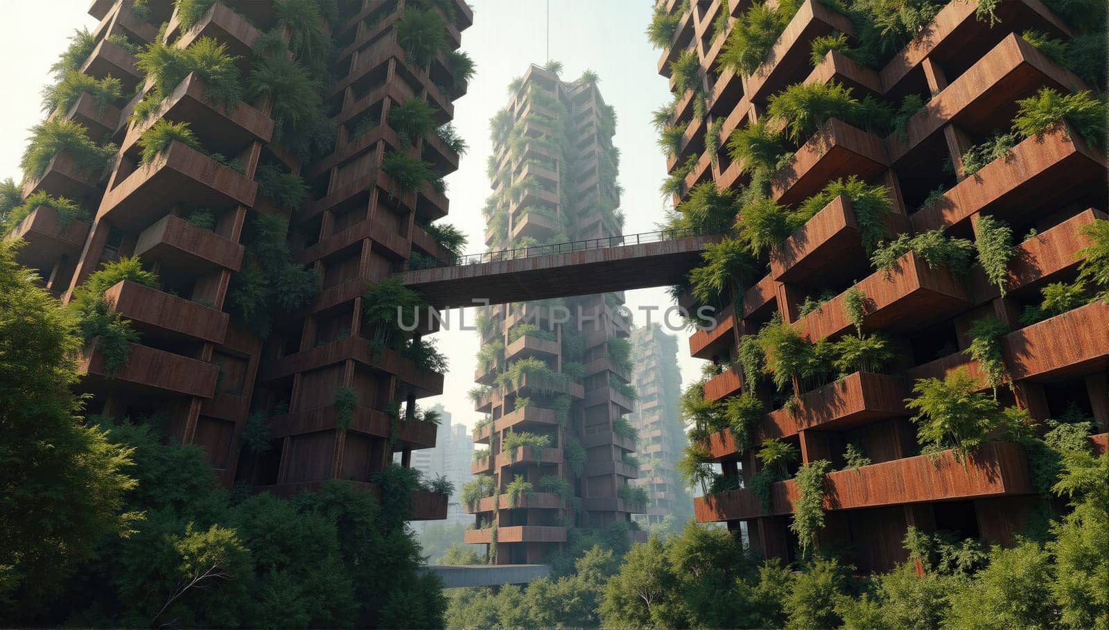 Skyscrapers adorned with lush greenery create a harmonious blend of urban living and nature. The modern design features expansive terraces and walkways connecting the buildings.