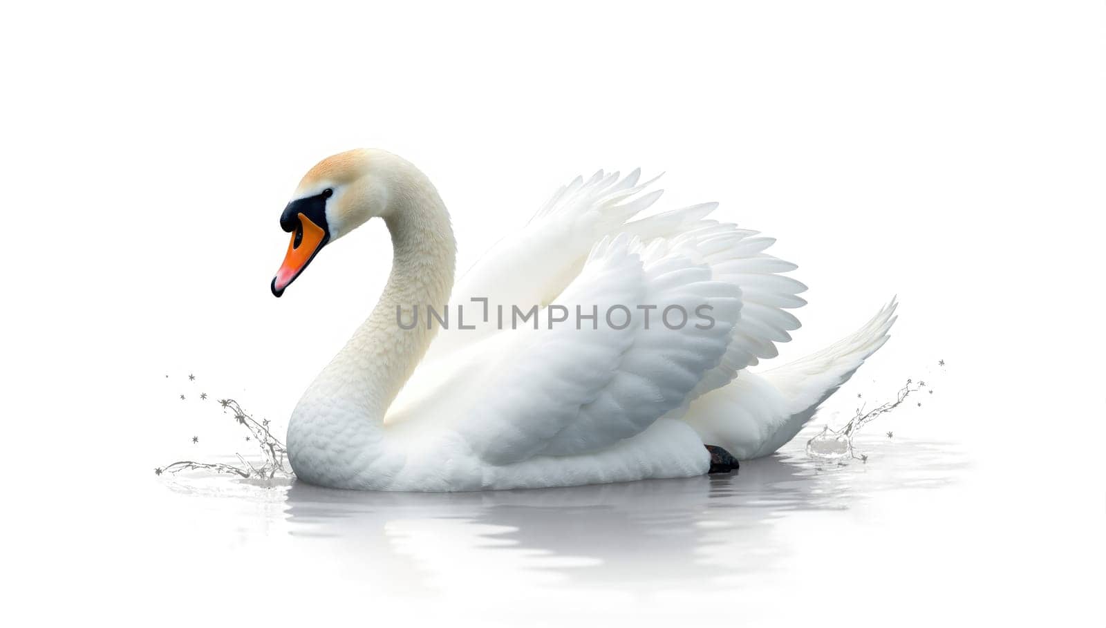 A majestic white swan is gliding smoothly across a tranquil body of water, creating soft splashes as it moves. Its feathers are pristine and the atmosphere is peaceful.
