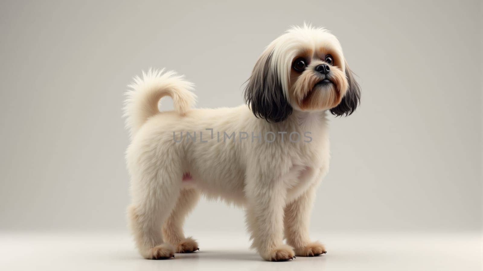 A small fluffy dog with a curly tail stands confidently on a light background. Its round eyes and playful demeanor create an adorable atmosphere perfect for pet lovers.