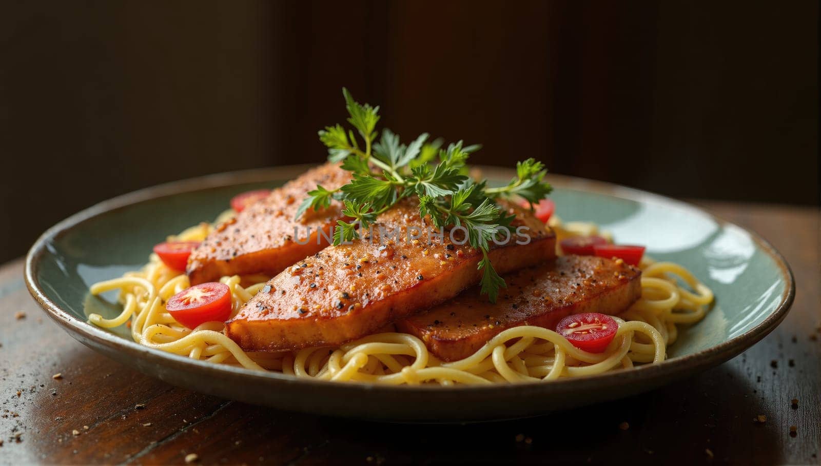A savory plate of spaghetti topped with tender salmon slices and fresh cherry tomatoes sits on a rustic wooden table, decorated with sprigs of parsley, creating a vibrant, appetizing meal.