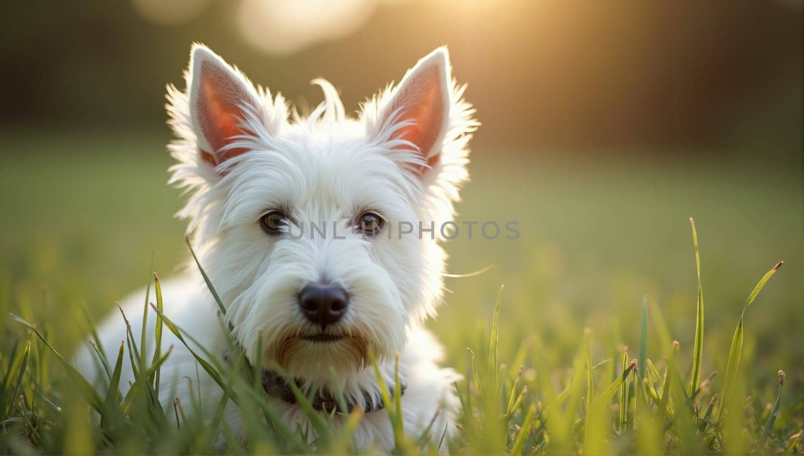 A white terrier dog lies calmly in a grassy field at sunset, basking in the warm glow of the light. The dog's attentive gaze and relaxed posture capture the peaceful moment.