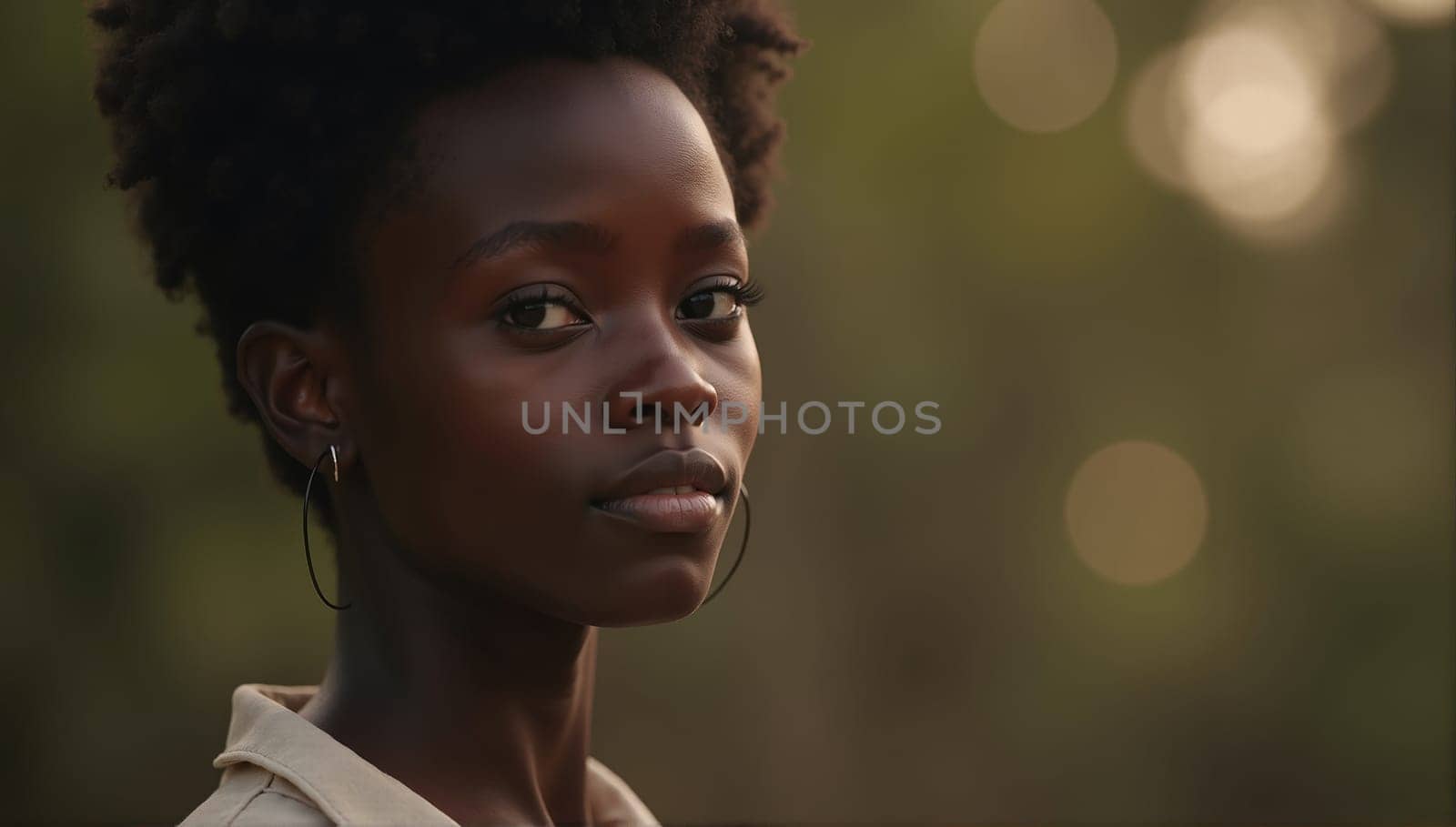 A young woman stands outdoors, her expression contemplative as she looks directly at the viewer. Soft natural light illuminates her features, enhancing her beauty.