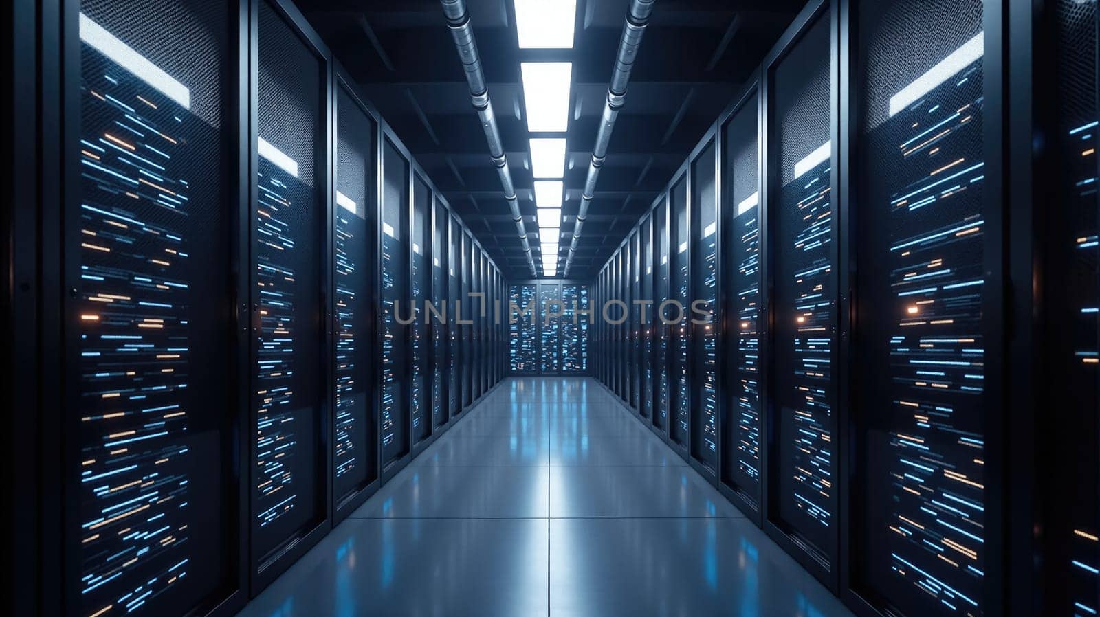 Rows of advanced server racks line a cutting-edge facility. Bright LED lights illuminate the corridor, creating a futuristic atmosphere in a data storage environment.
