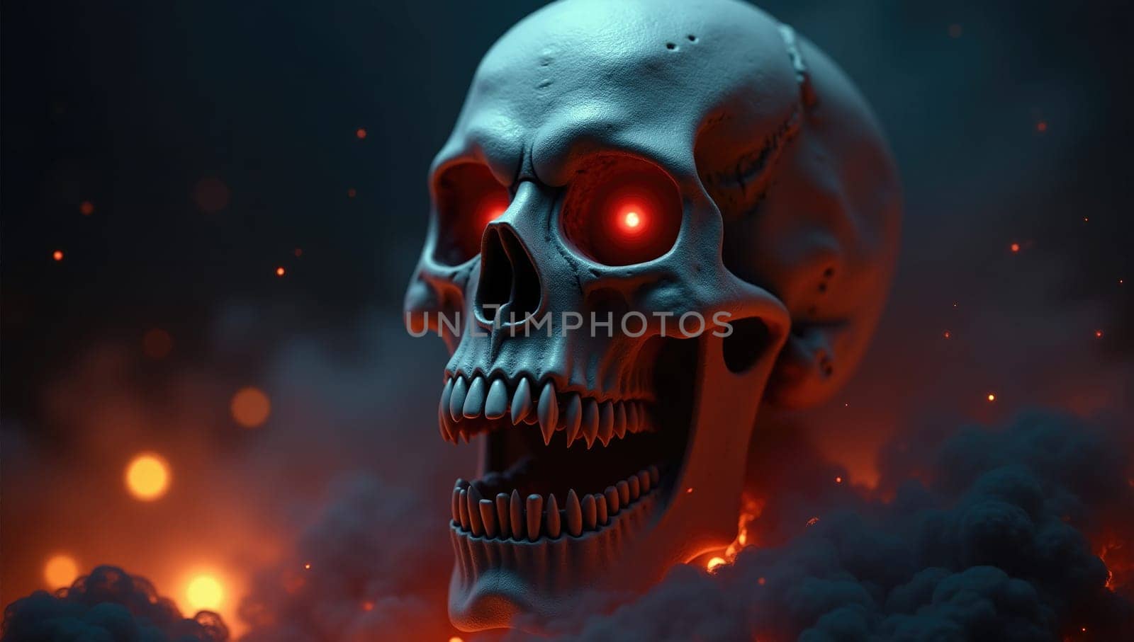 A detailed skull with glowing red eyes is surrounded by dark smoke and fiery lights, creating a haunting and mystical atmosphere in a fantasy setting.