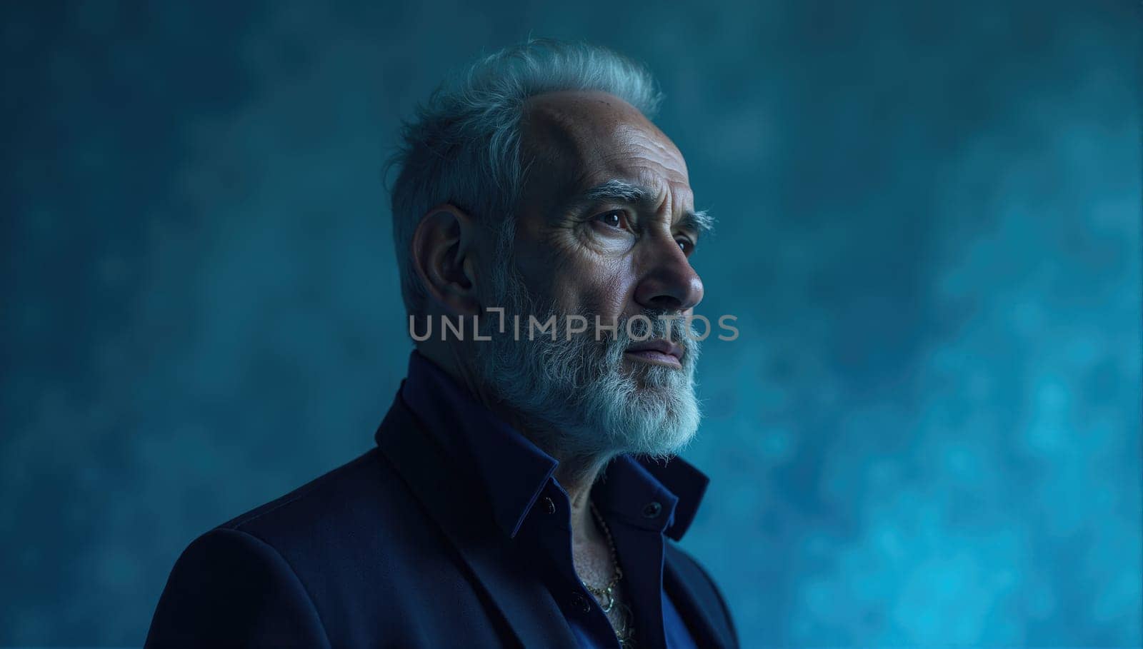 An elderly man stands in profile with a silver beard, wearing a dark coat, illuminated by soft blue light that enhances his features and expression, conveying wisdom and experience.