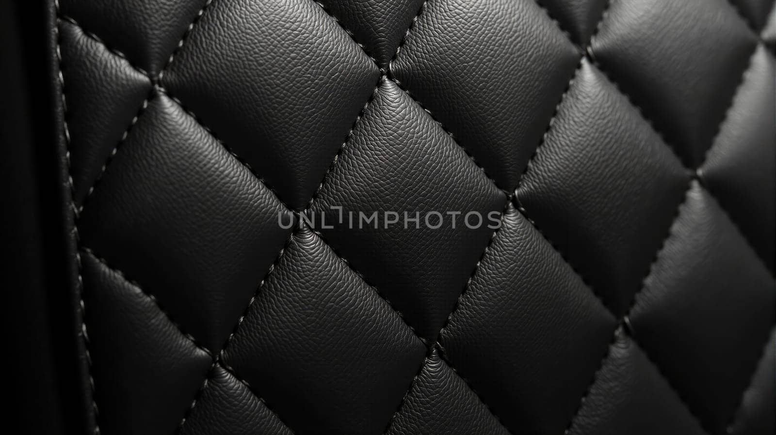 Close-up of a diamond quilted black leather surface that highlights the intricate design and quality of the material, emphasizing its durability and luxurious appearance.