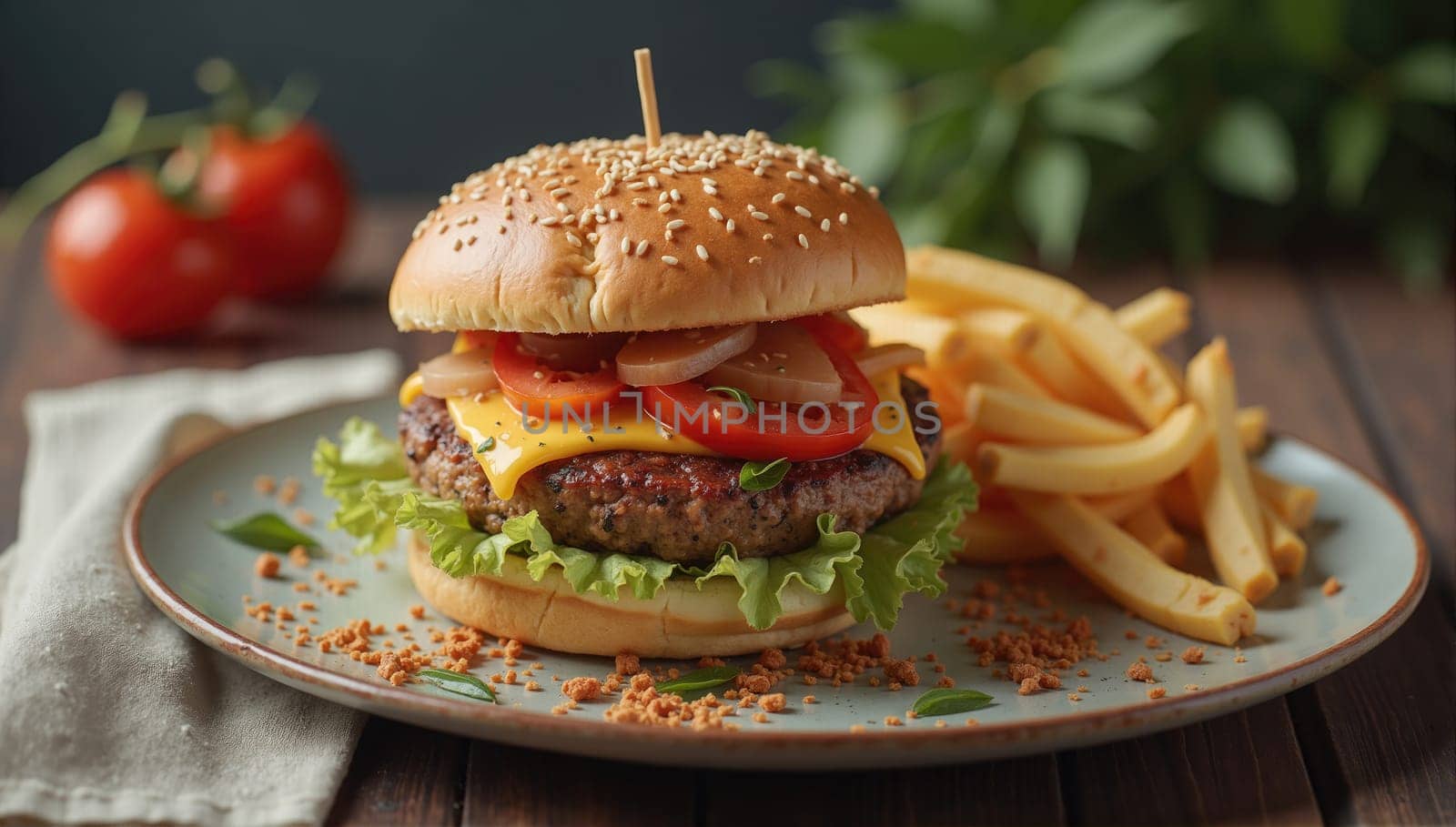 A mouthwatering cheeseburger sits on a plate, topped with lettuce, tomato, onions, and cheddar cheese. Beside it, golden fries are plated, enhancing the inviting meal.