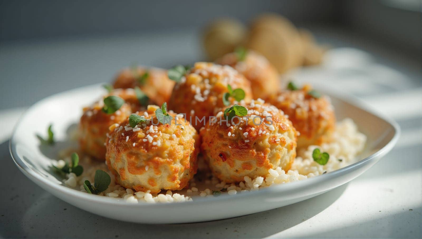 A plate filled with golden-coated snack balls sits beautifully illuminated by natural light. The dish is garnished with green herbs and served with a side of fluffy grains.