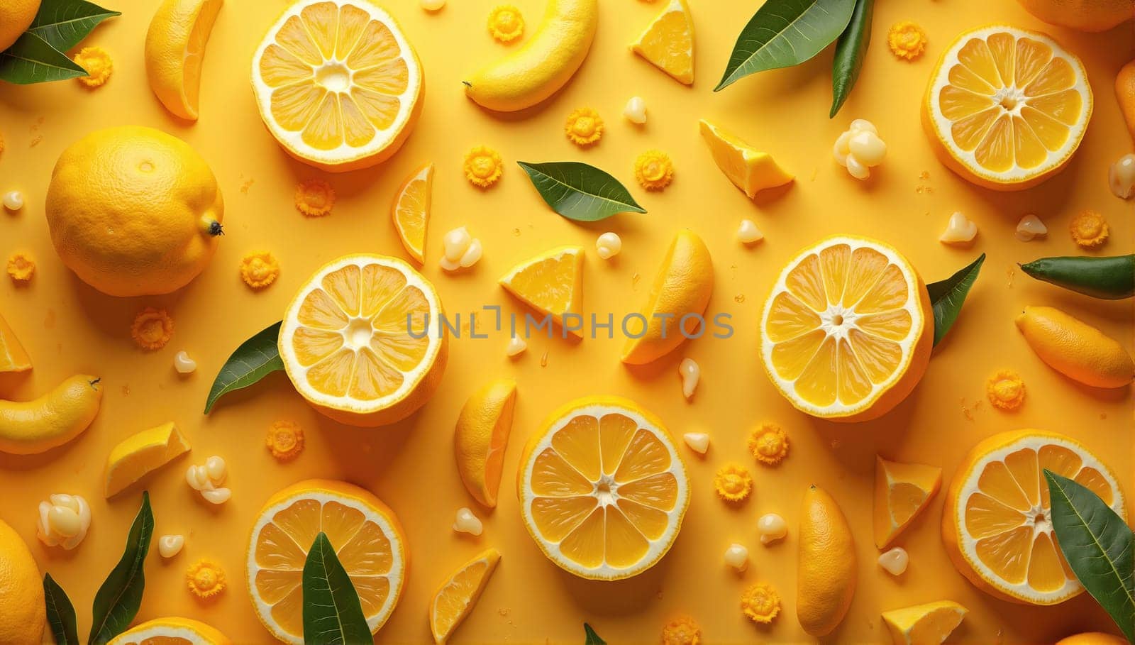 Bright yellow background is filled with fresh lemons and ripe bananas arranged in an artistic pattern, showcasing their vibrant colors and textures. Perfect for summer themes.
