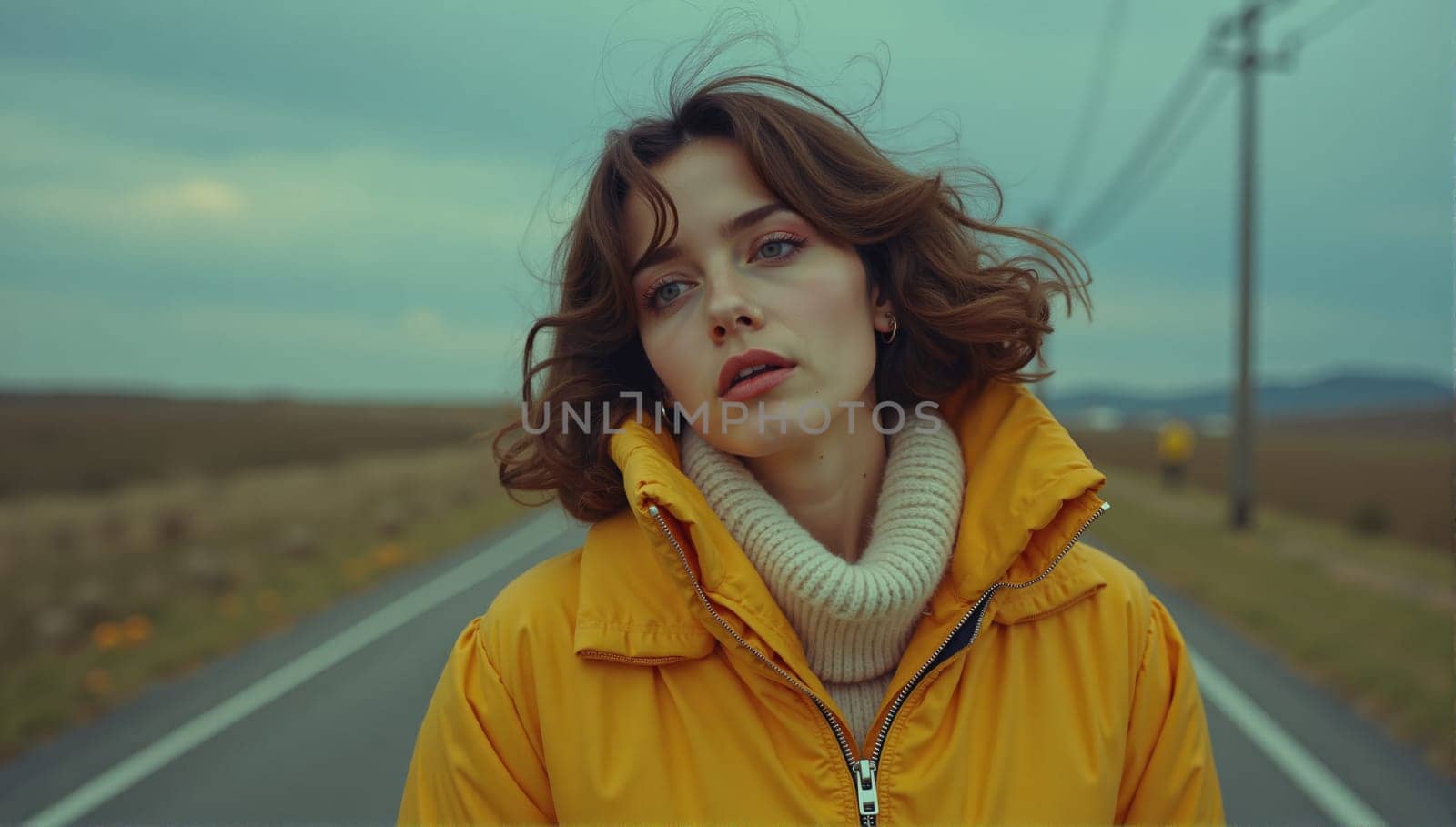 A young woman strolls down an empty road surrounded by vast fields under overcast skies. She wears a bright yellow jacket and appears contemplative and serene.