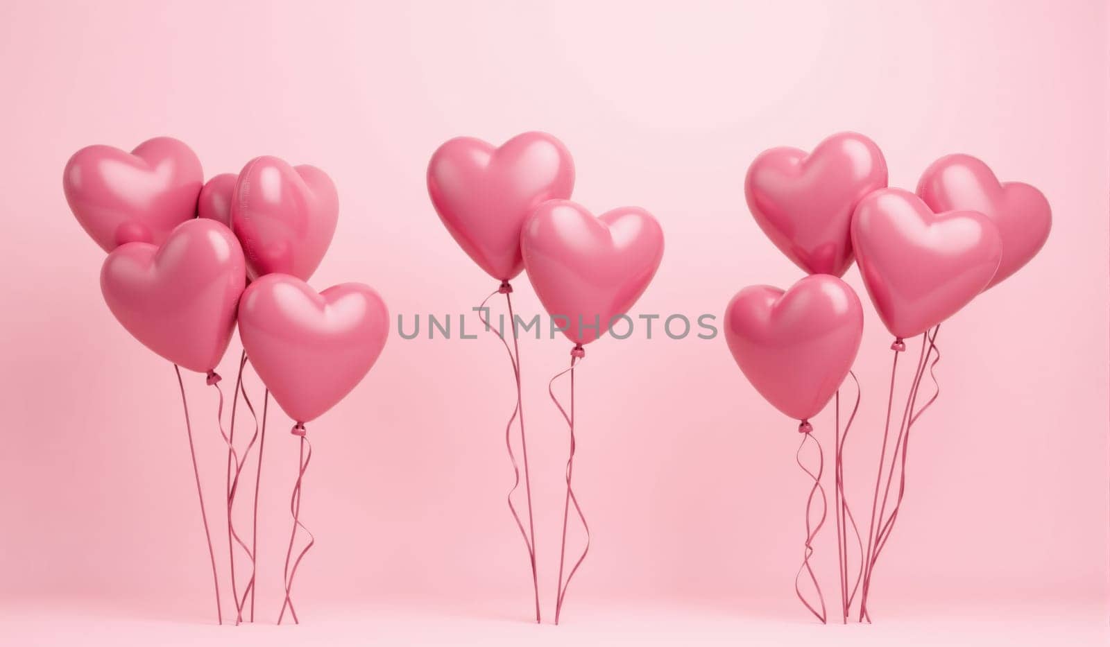 Bunches of pink heart-shaped balloons stand tall against a soft pink background, creating a cheerful ambiance perfect for events like Valentine's Day or anniversaries.