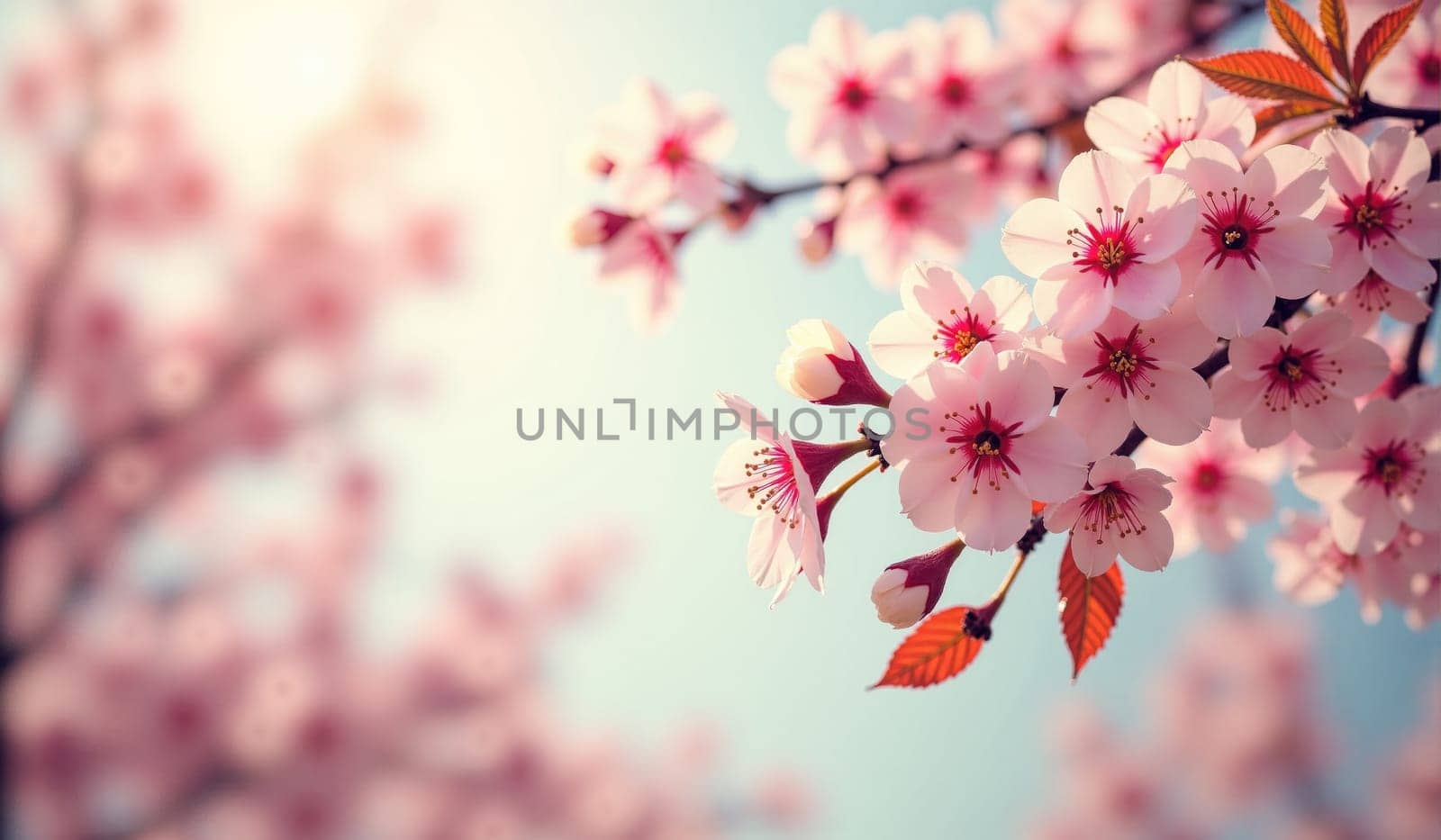 Delicate cherry blossoms fill the branches, showcasing their soft pink hues under the bright spring sunlight, symbolizing renewal and beauty in nature.