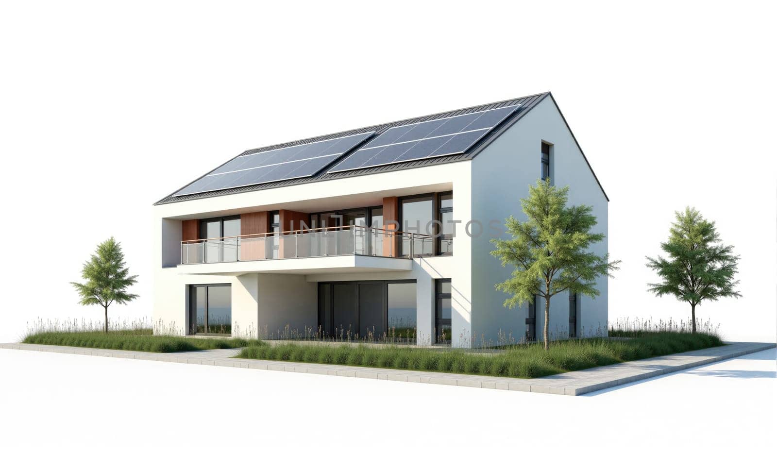 A contemporary two-story house featuring solar panels on the roof, large windows, and a spacious balcony, set in a green environment with grass and trees.