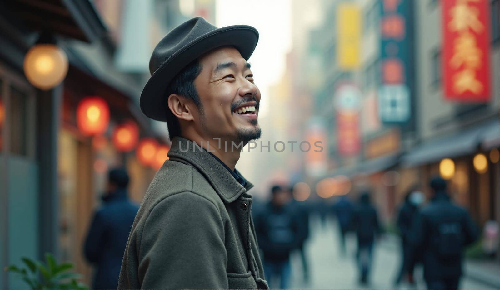 A man wearing a hat smiles as he strolls through a lively street adorned with colorful lanterns. The bustling urban environment is filled with people going about their day.