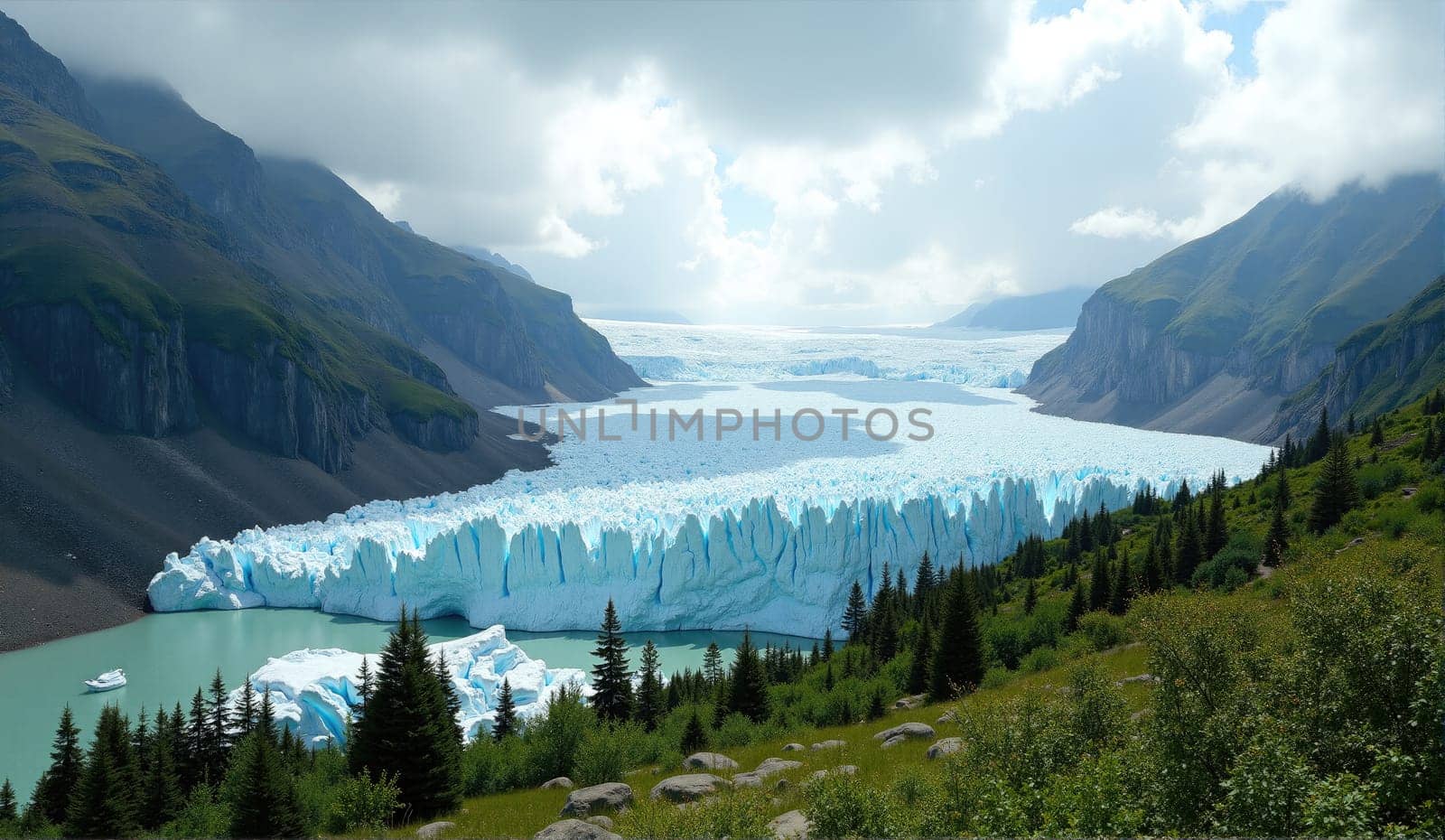 A stunning glacial landscape features a vibrant turquoise lake reflecting a towering glacier. Surrounding mountains rise majestically, covered in lush green forests, under a bright blue sky.