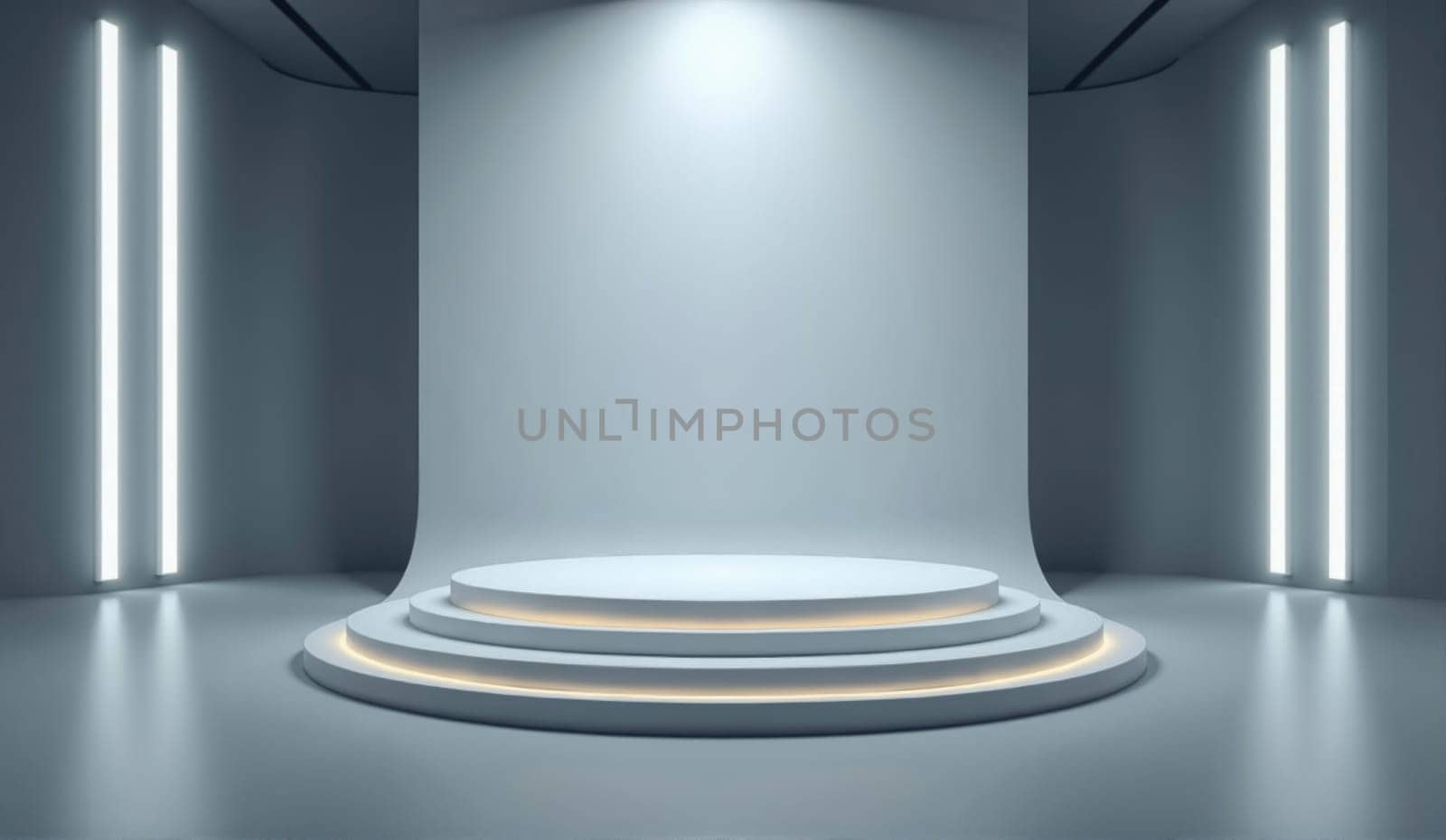A spacious exhibition area features a circular stage with soft lighting, surrounded by smooth walls and modern fluorescent lights, creating a versatile environment for events.