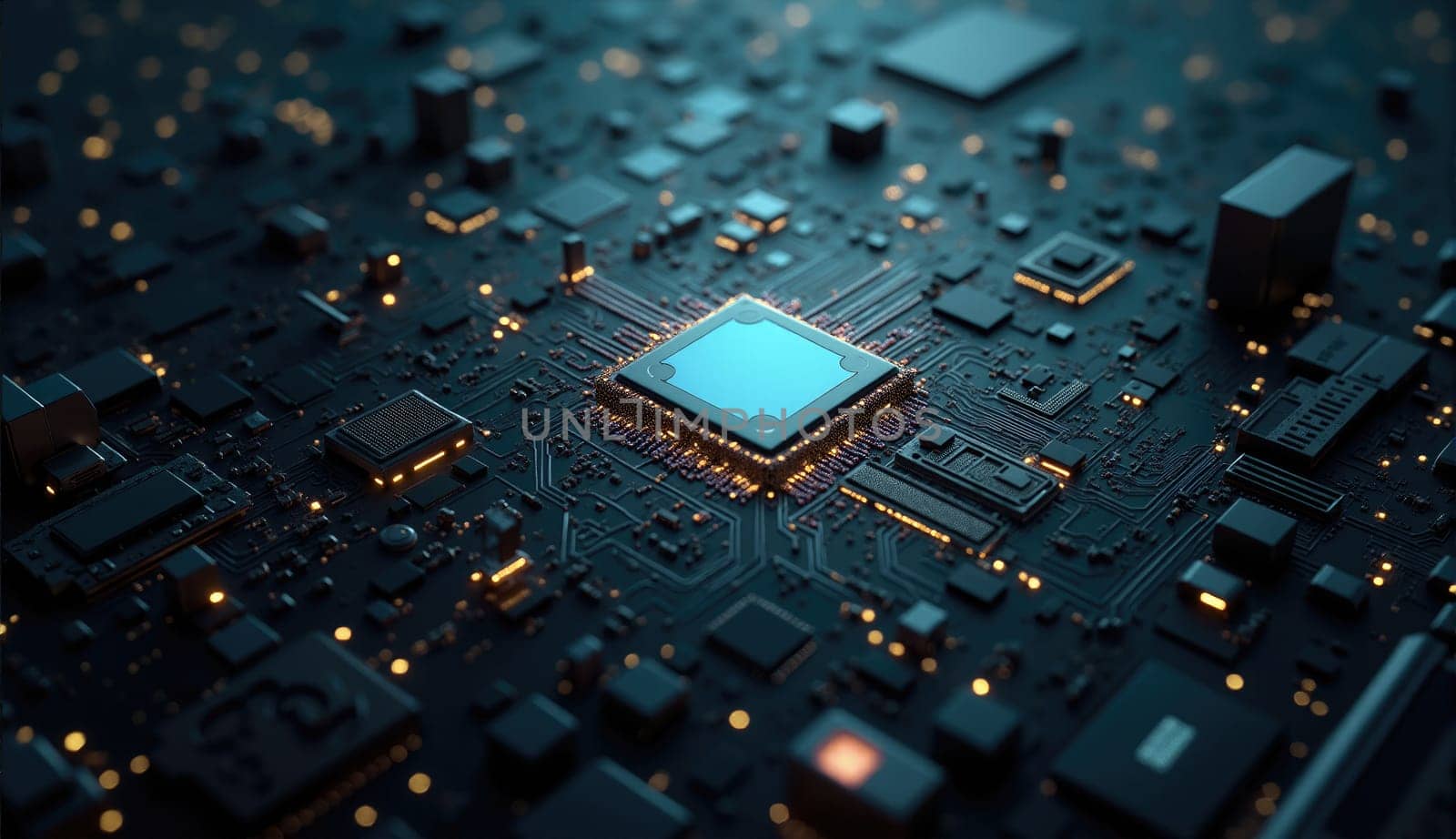 A close-up view of a microprocessor embedded in a circuit board reveals intricate electronic components surrounded by glowing lights, highlighting the complexity of technology.