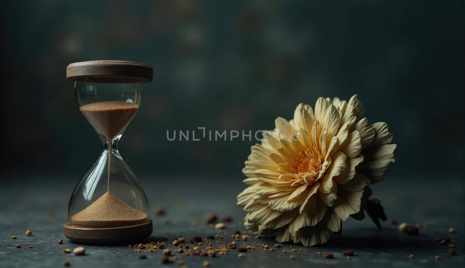 An hourglass filled with sand sits beside a dried flower on a dark textured surface. The warm tones create a serene atmosphere, suggesting the passage of time and nature's beauty.