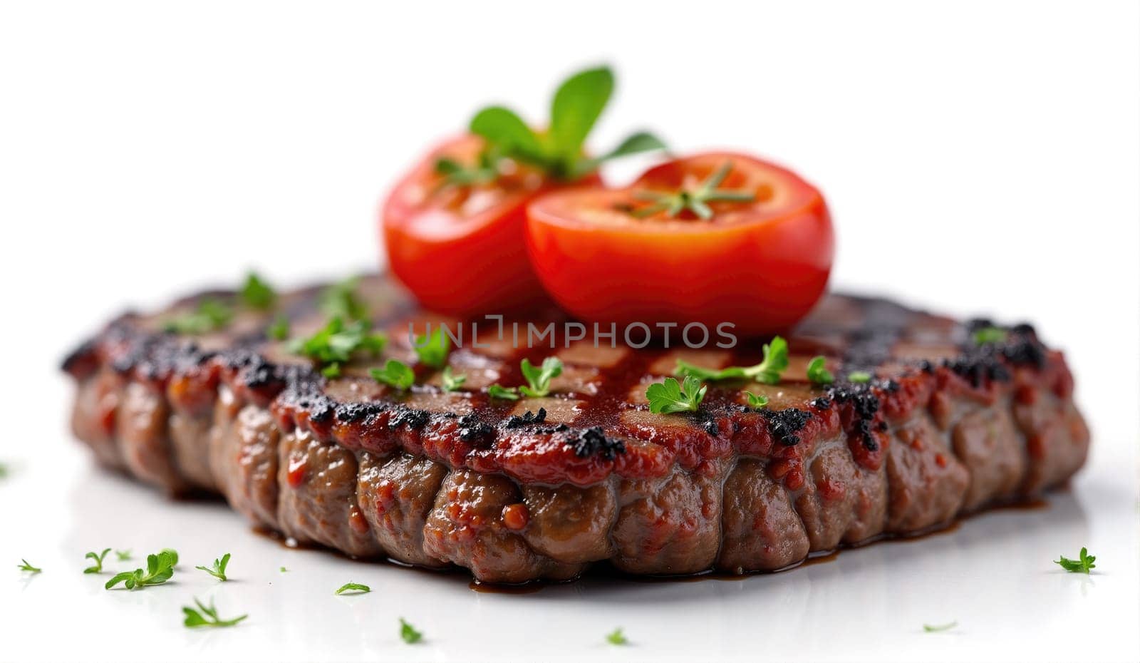 A perfectly grilled steak is topped with halved cherry tomatoes and sprinkled with fresh herbs, presenting a vibrant and appetizing dish ideal for a delicious meal.