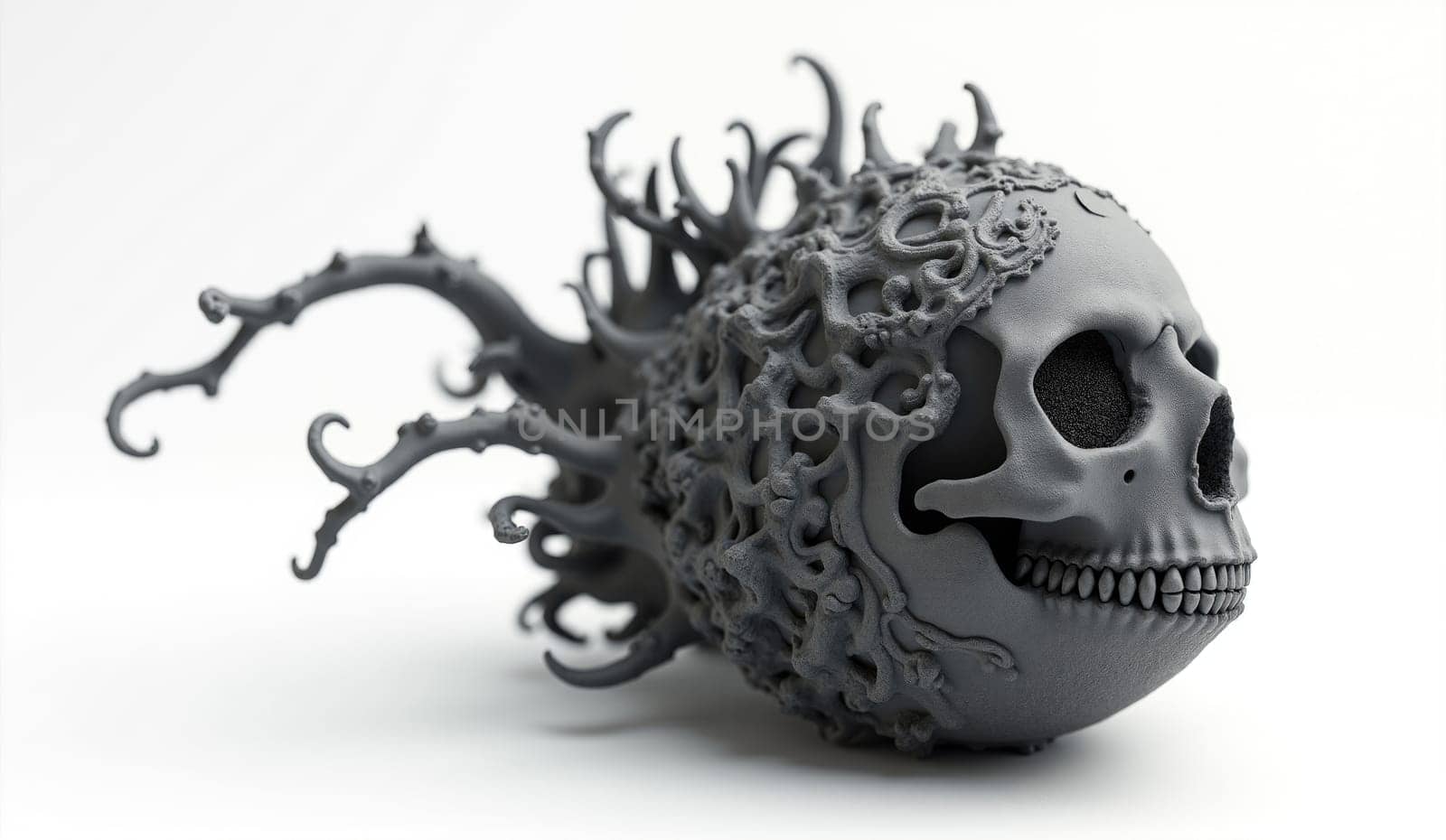 A detailed sculpture features a skull entwined with elaborate tentacle-like designs, blending horror and artistry. It highlights the skill involved in creating unique art forms.