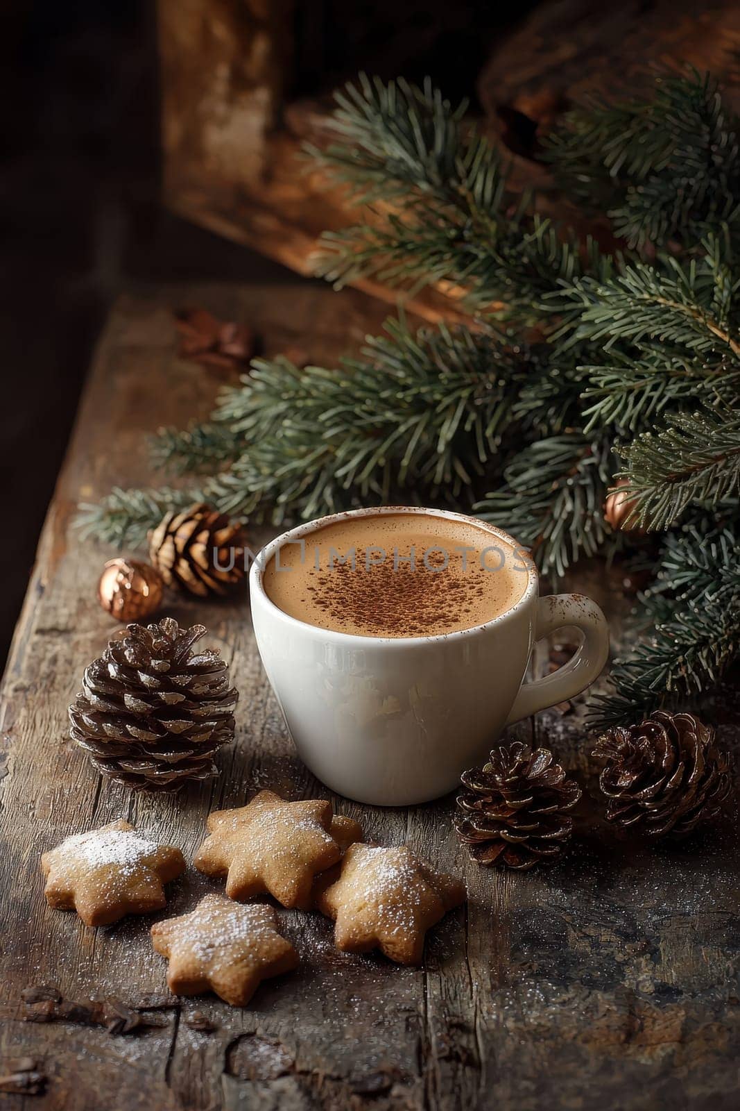 coffee cookies christmas tree branches on wooden table. Selective focus.