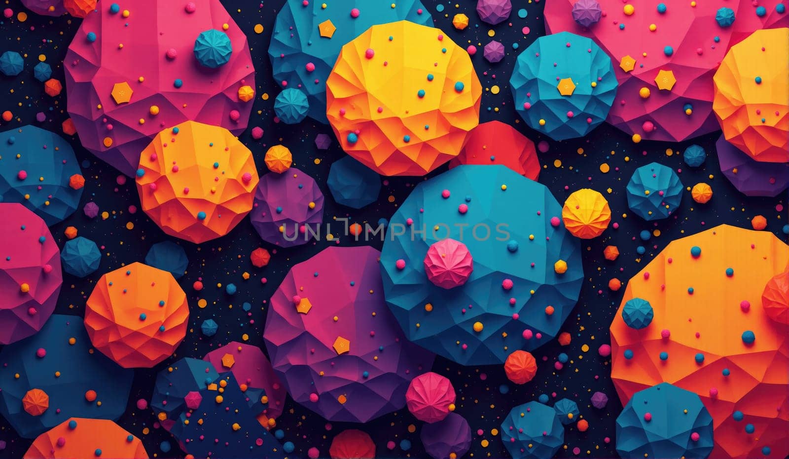 Vibrant geometric shapes in bright orange, pink, and blue hues fill the background, creating a lively and dynamic composition that captivates the viewer's attention.