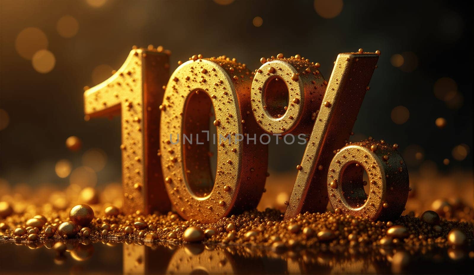 Sparkling golden numbers display 10 percent against a rich, glittering background. This visual highlights a promotional offer, evoking a sense of luxury and exclusivity, ideal for advertisements.