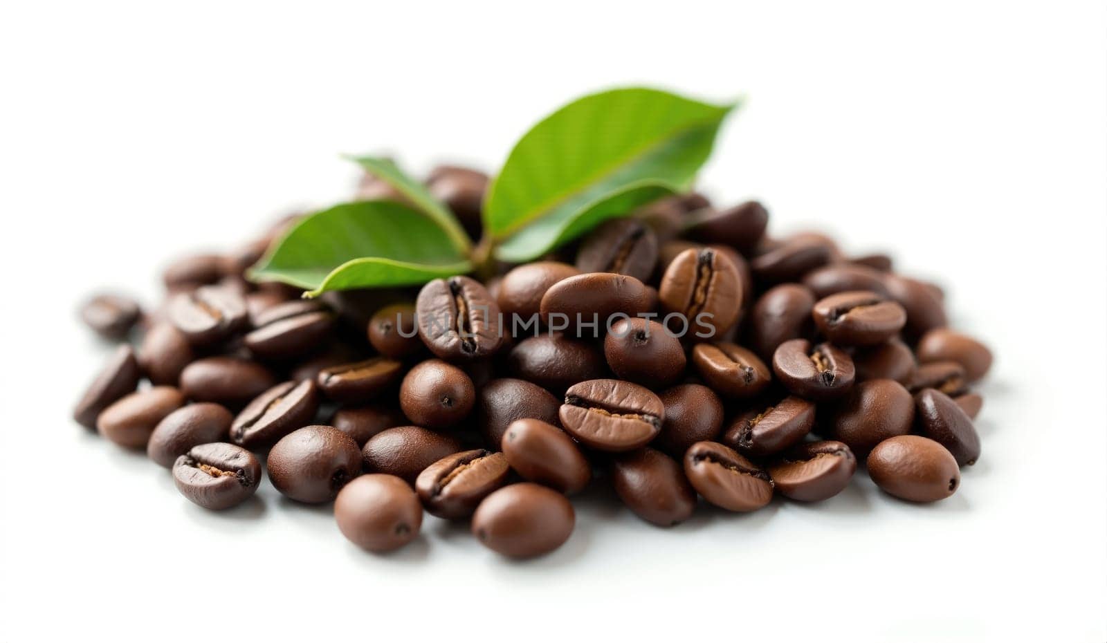 A pile of freshly roasted coffee beans is arranged artfully with vibrant green leaves on top, showcasing their rich color and texture in a bright setting.
