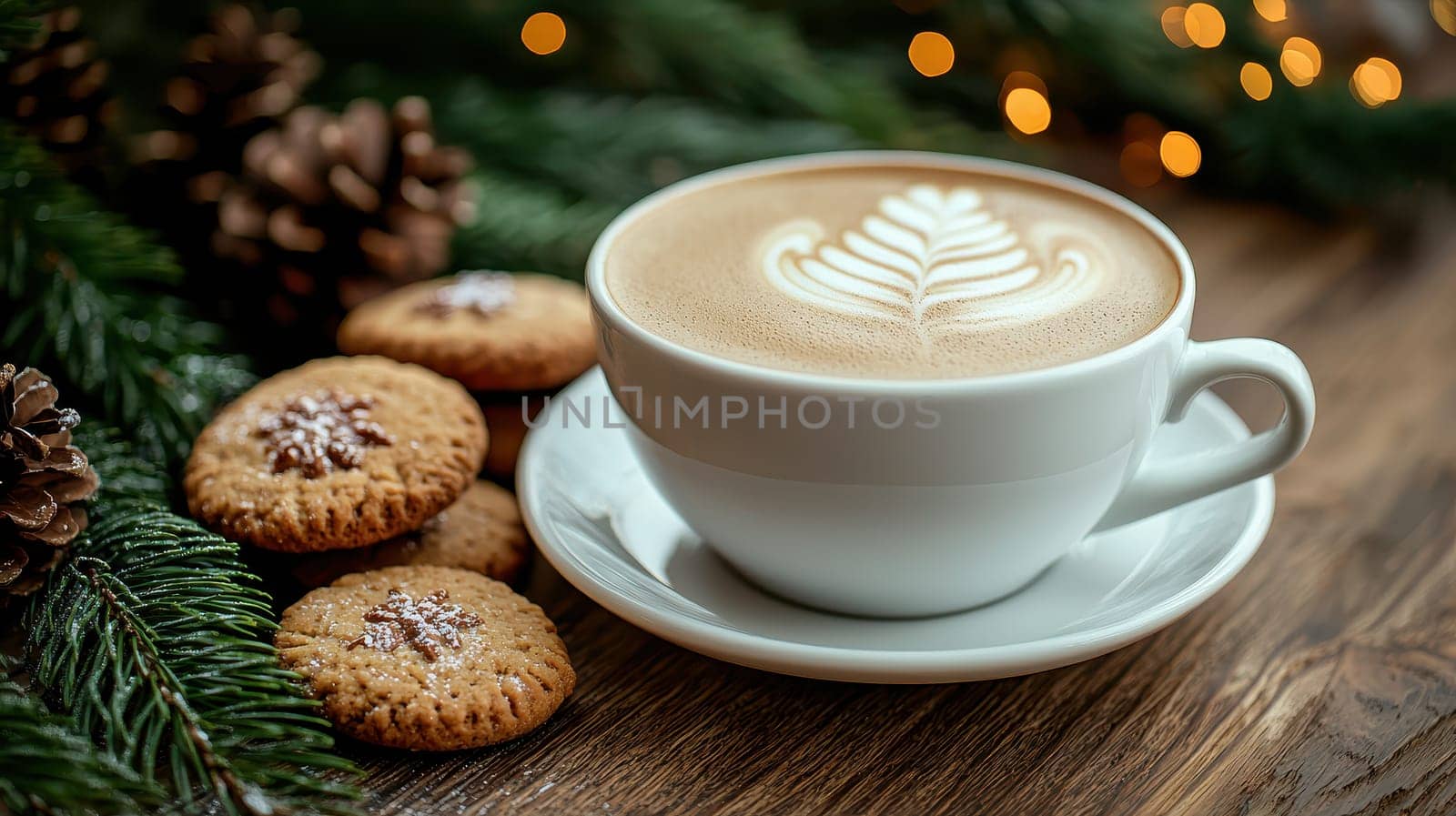 coffee cookies christmas tree branches on wooden table. Selective focus.