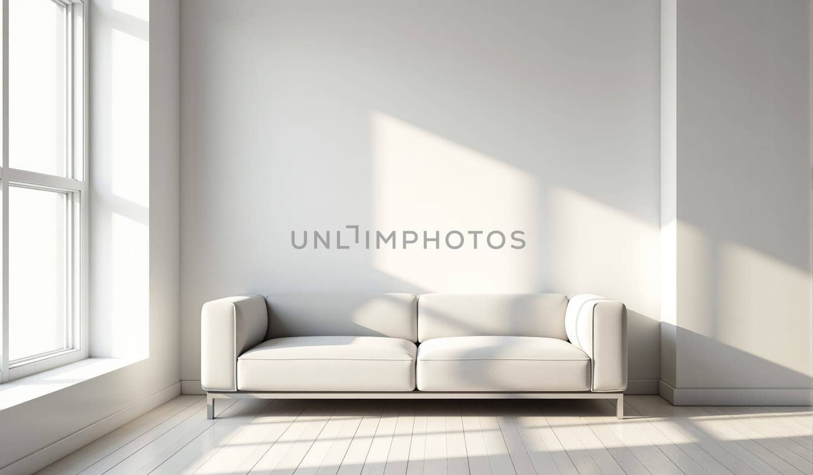 Bright and airy living room features a contemporary white sofa positioned against a light wall, with sunlight streaming through large windows, creating a serene atmosphere perfect for relaxation.