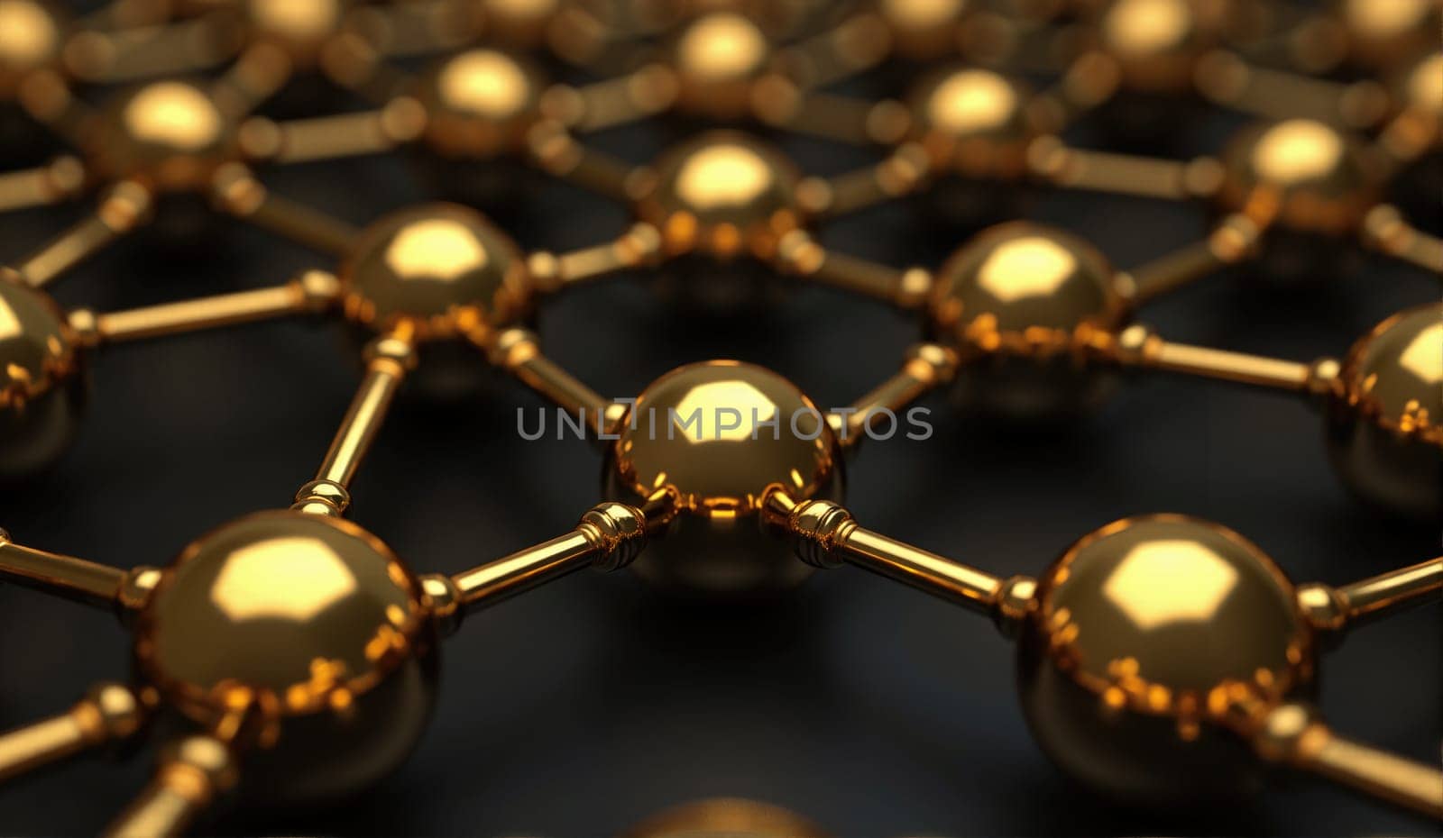 Metallic atoms connect through interlinking structures, creating a complex network. The shiny surface reflects light, showcasing the elegance of the design.