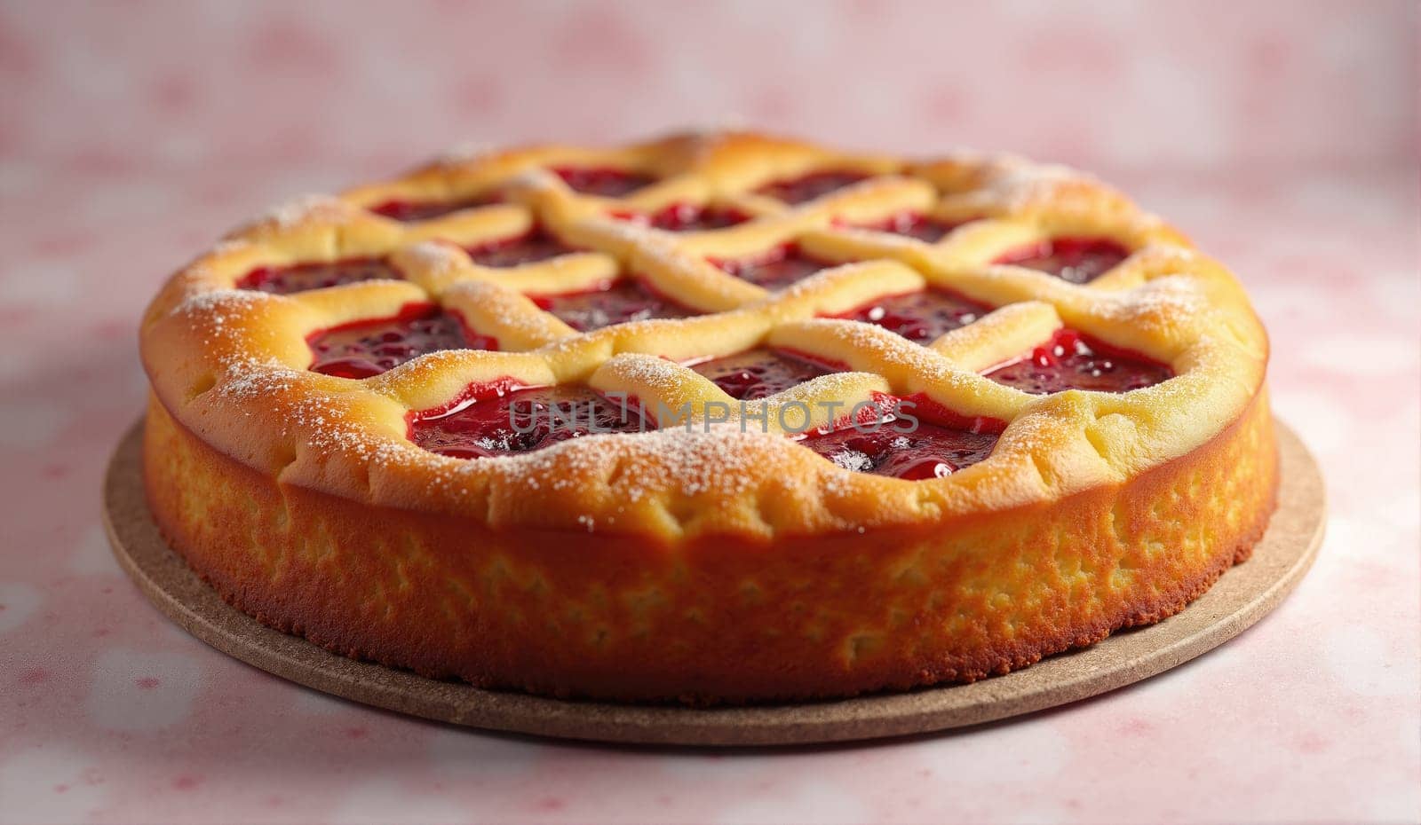 A freshly baked cherry pie sits on a wooden board, showcasing a golden lattice crust. The vibrant red filling bubbles beneath the crust, inviting a sweet treat after a meal.