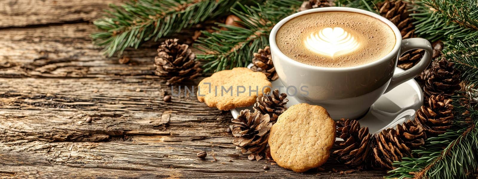 coffee cookies christmas tree branches on wooden table. Selective focus.