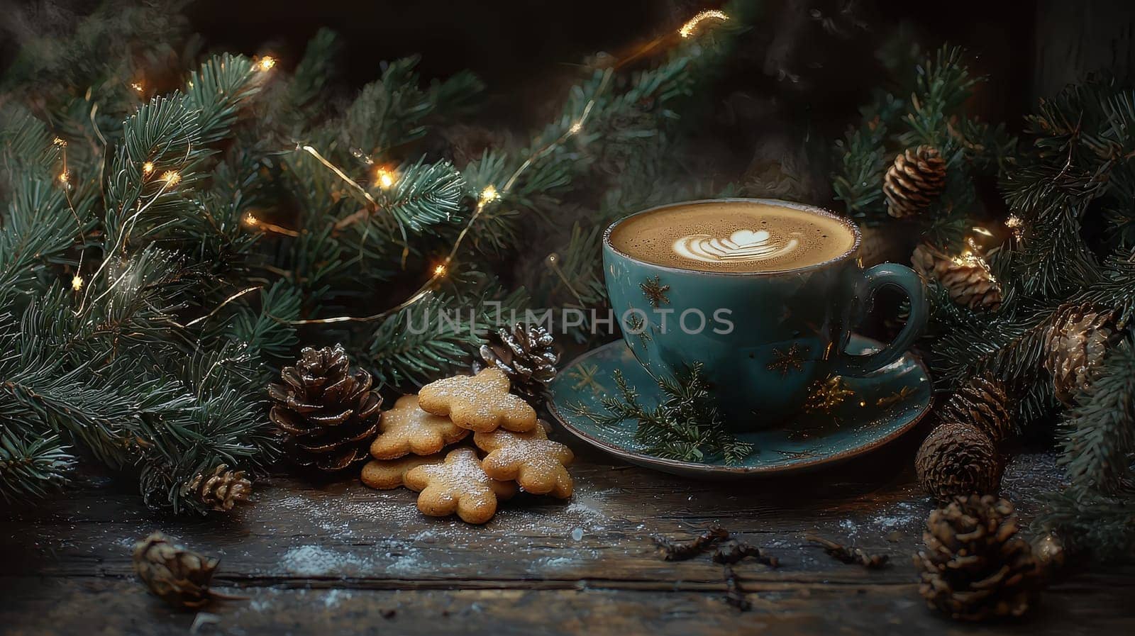 coffee cookies christmas tree branches on wooden table. Selective focus.