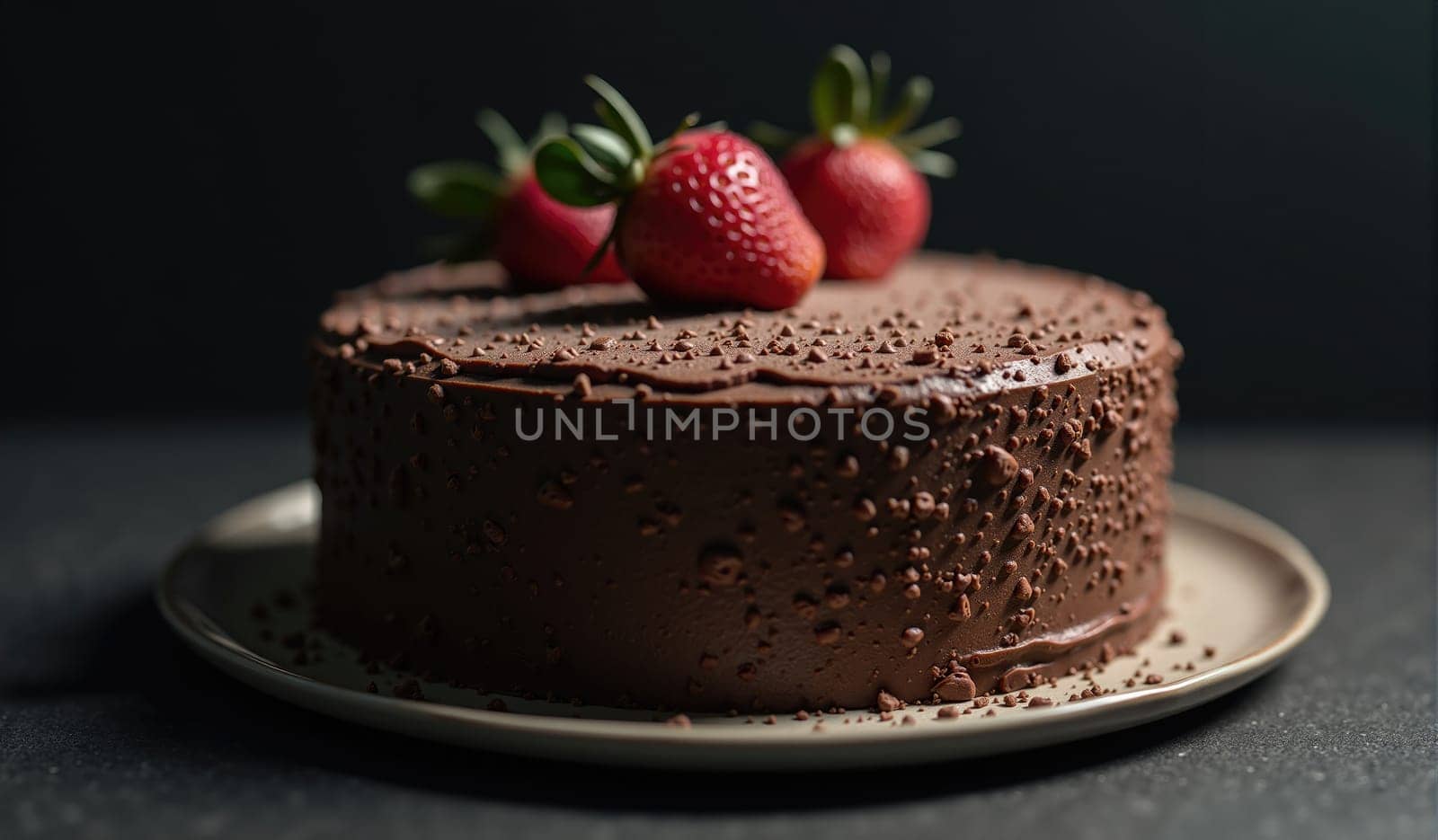A rich chocolate cake is decorated with fresh strawberries, placed on a simple plate. The setting features warm, dim lighting that emphasizes the cake's textures.