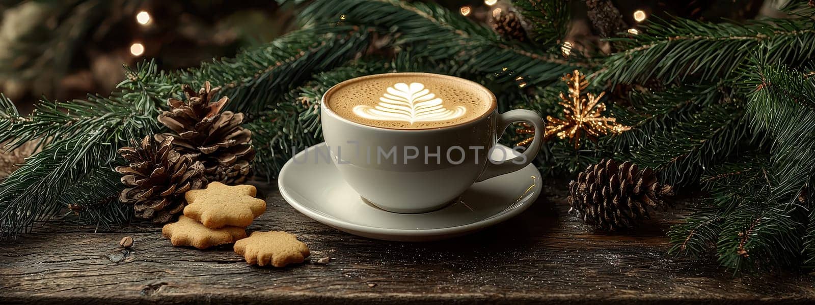 coffee cookies christmas tree branches on wooden table. Selective focus.