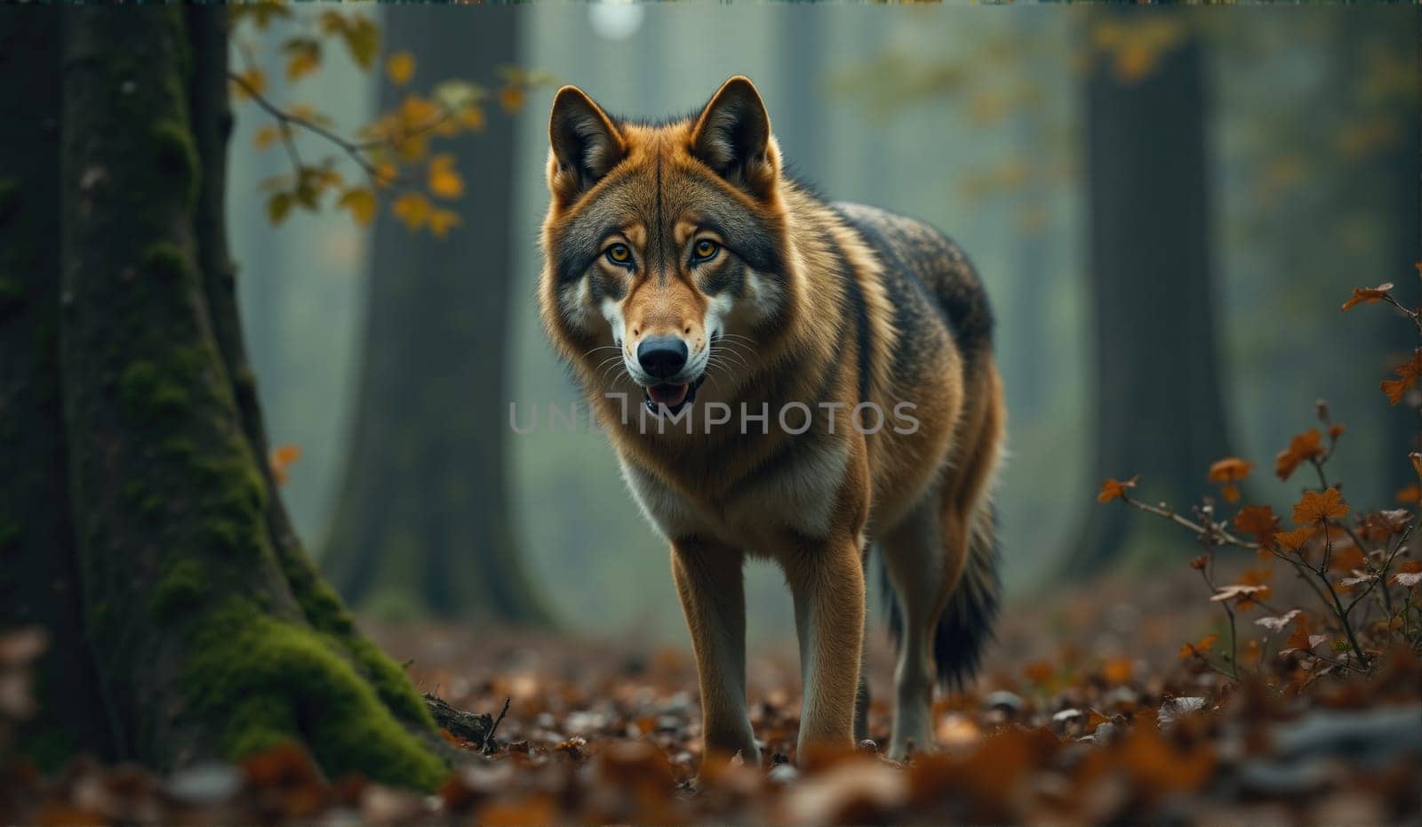 A wolf stands confidently in an enchanting forest setting, surrounded by fog and autumn leaves. Its piercing gaze reflects the wild beauty of nature.