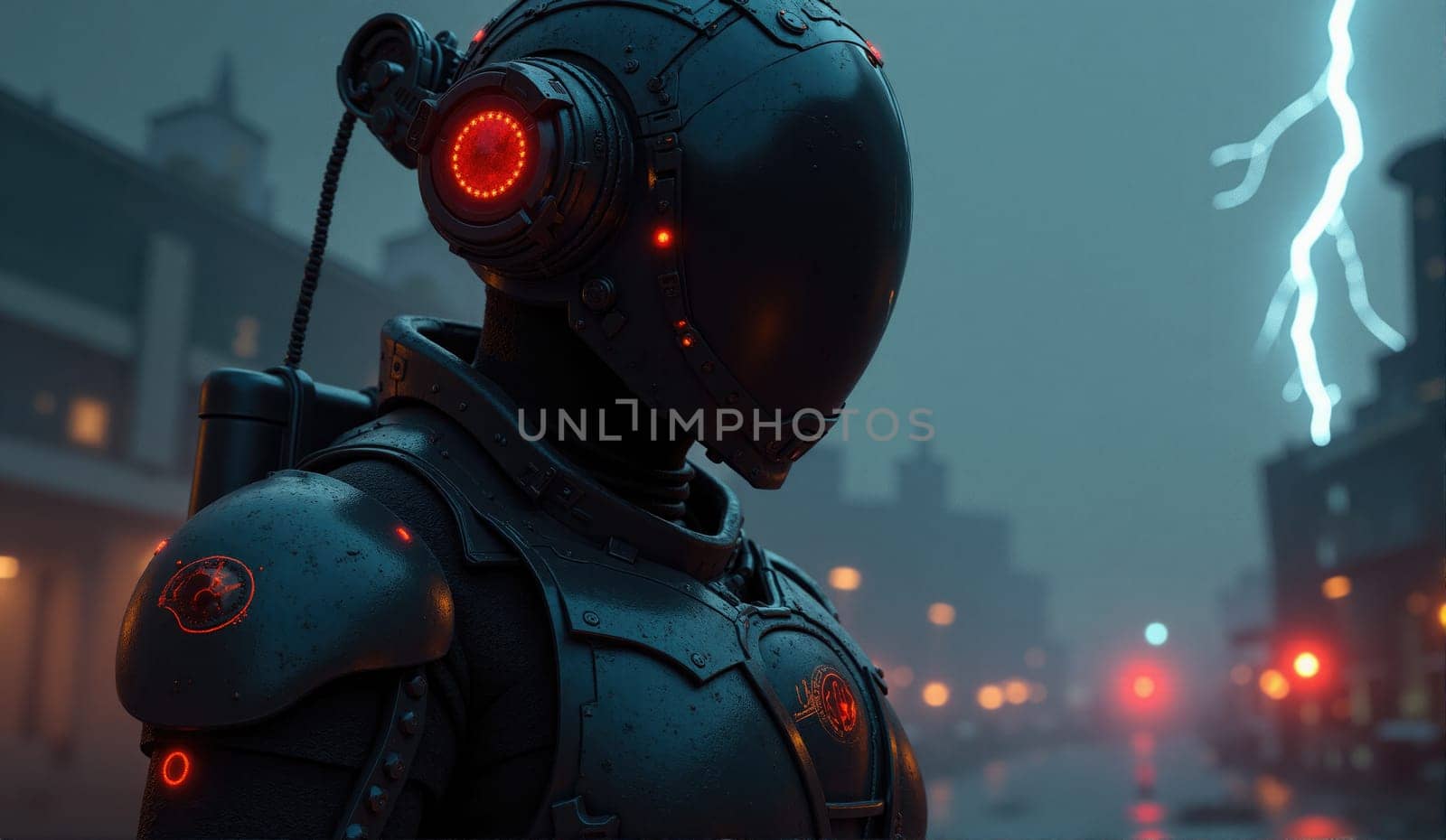 A humanoid robot is positioned against a backdrop of a neon-lit city during a thunderstorm. The figure features glowing red accents as lightning illuminates the surroundings.