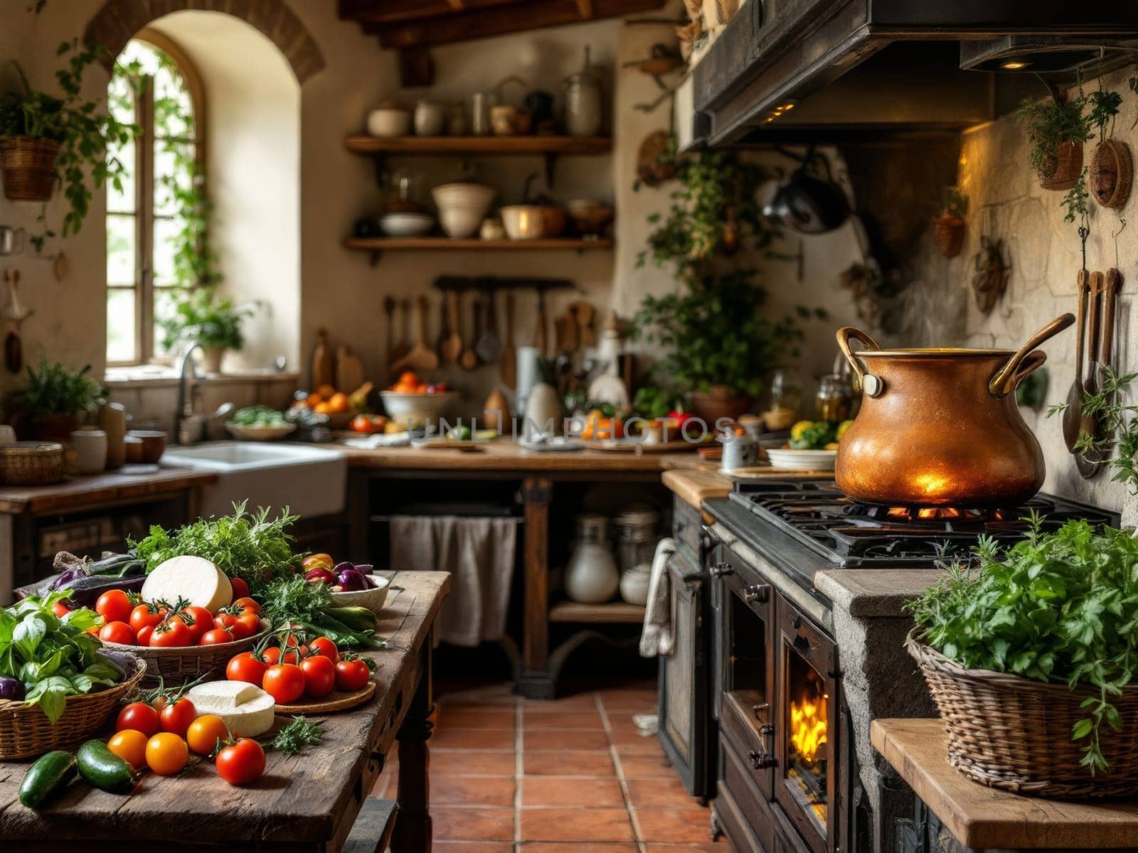 Rustic italian kitchen with copper pot simmering on burning stove and fresh vegetables on wooden table. Ai generated